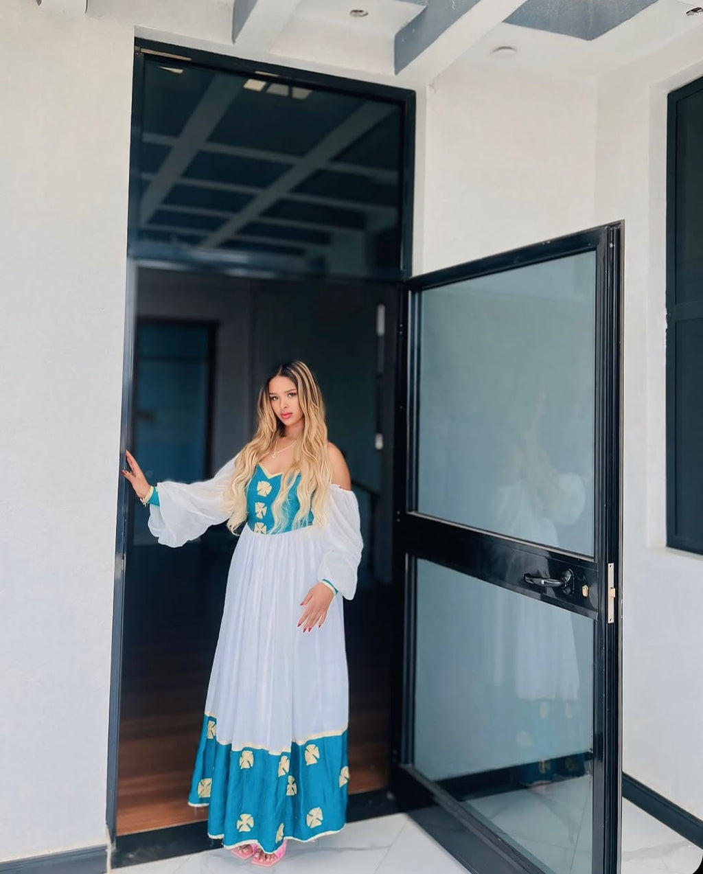 EDIL BEAUTIFUL HABESHA DRESS | BLUE AND GOLD TRADITIONAL EMBROIDERY ETHIOPIAN CLOTHING | GRACEFUL HABESHA KEMIS FOR EVENTS