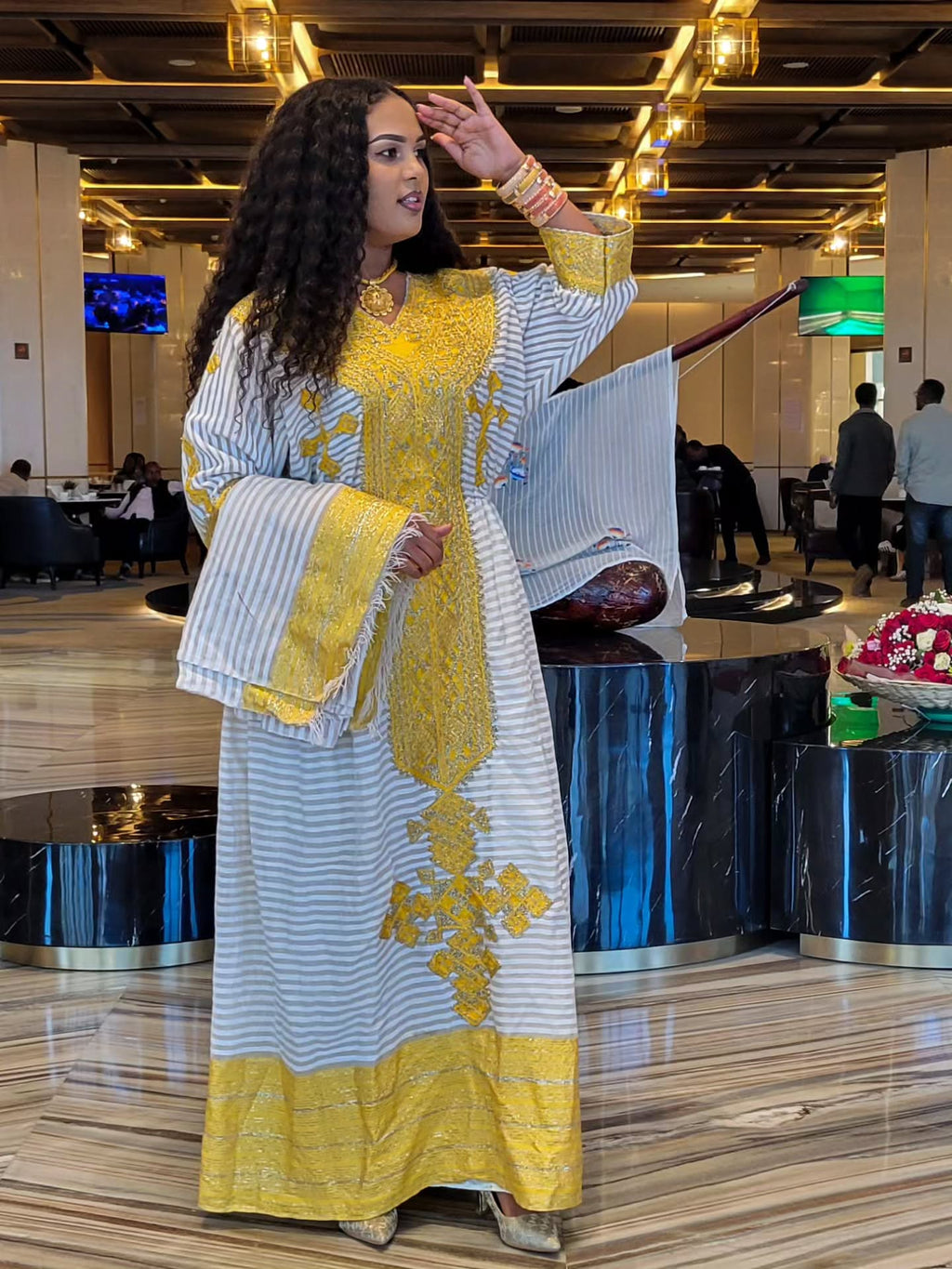 SINTA STRIPED HABESHA KEMIS | GOLD CROSS EMBROIDERY HABESHA DRESS | TRADITIONAL ELEGANCE ETHIOPIAN CLOTH