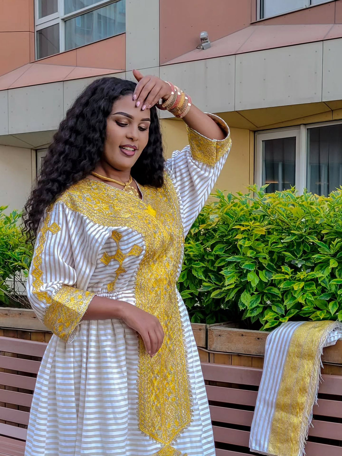 SINTA STRIPED HABESHA KEMIS | GOLD CROSS EMBROIDERY HABESHA DRESS | TRADITIONAL ELEGANCE ETHIOPIAN CLOTH