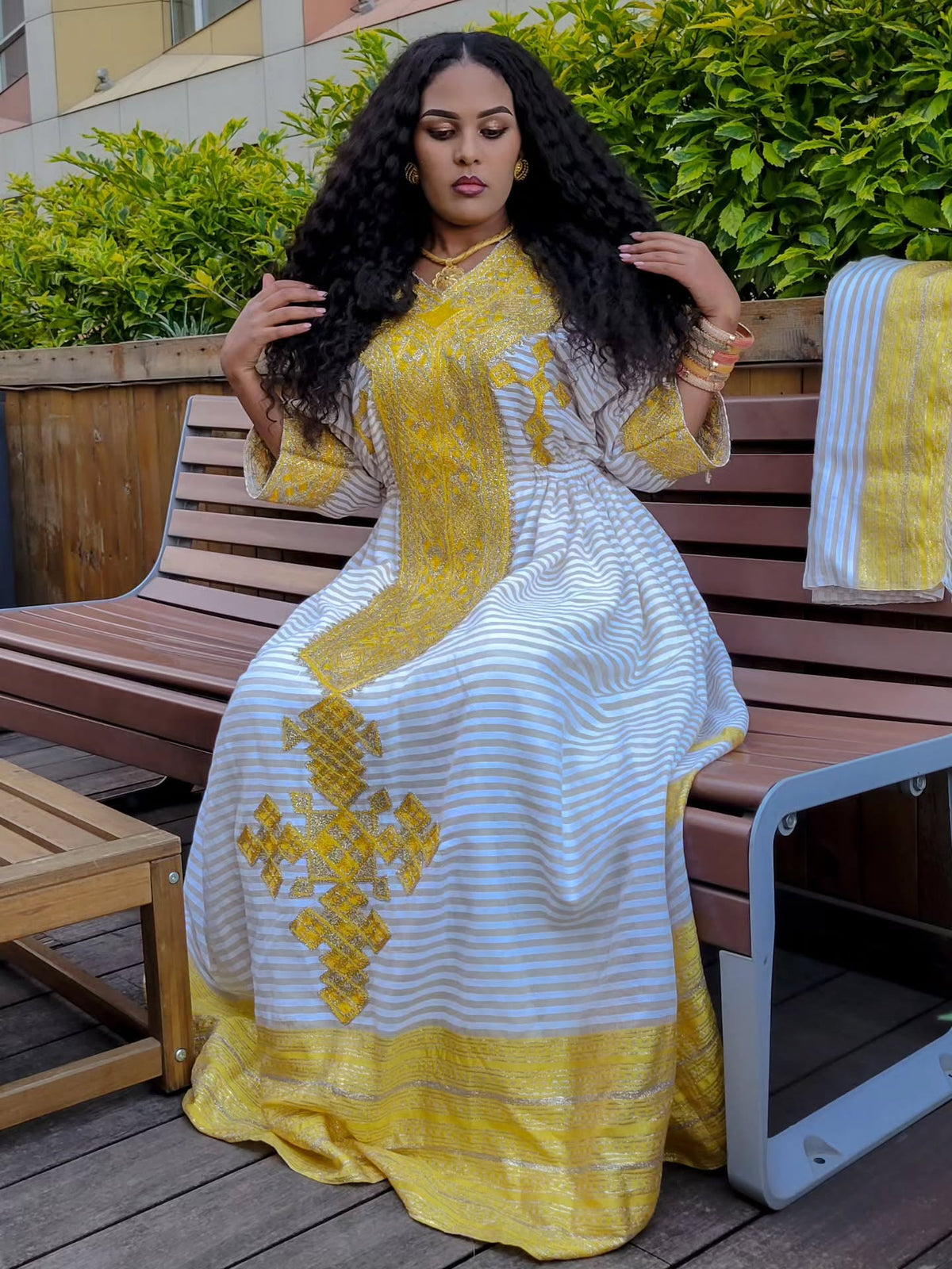 SINTA STRIPED HABESHA KEMIS | GOLD CROSS EMBROIDERY HABESHA DRESS | TRADITIONAL ELEGANCE ETHIOPIAN CLOTH