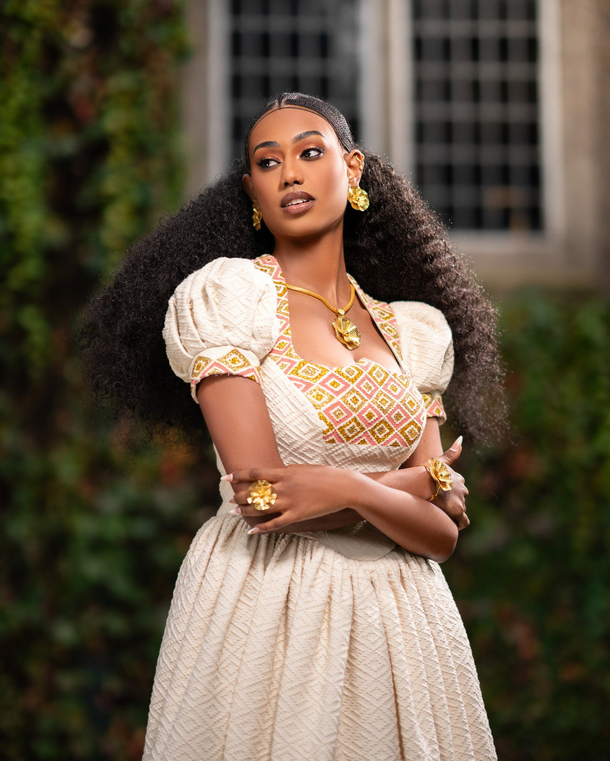 EDINA STUNNING HABESHA DRESS | PUFFED SLEEVES ETHIOPIAN CLOTHING | DIAMOND TIBEB PATTERN HABESHA KEMIS
