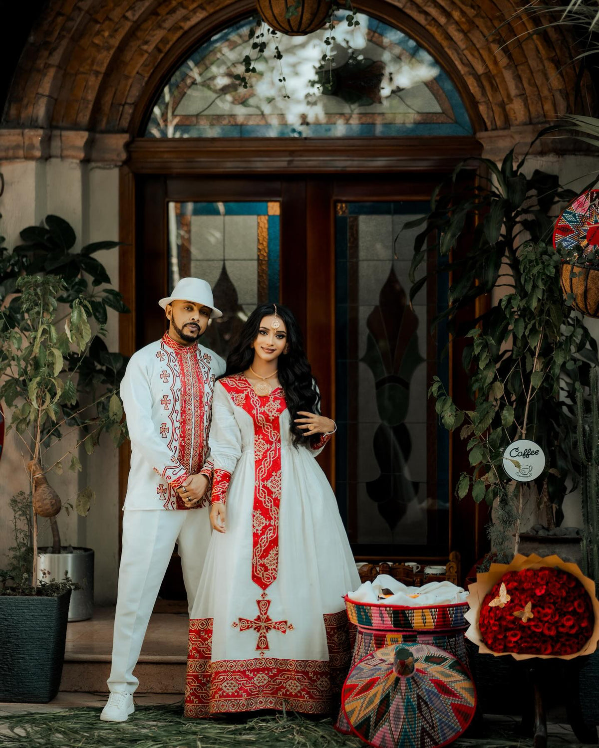 HIWI ETHIOPIAN TRADITIONAL COUPLE OUTFITS | RED AND GOLD EMBROIDERY COUPLE'S SET | MATCHING HABESHA DRESS AND MEN'S SHIRT FOR WEDDINGS