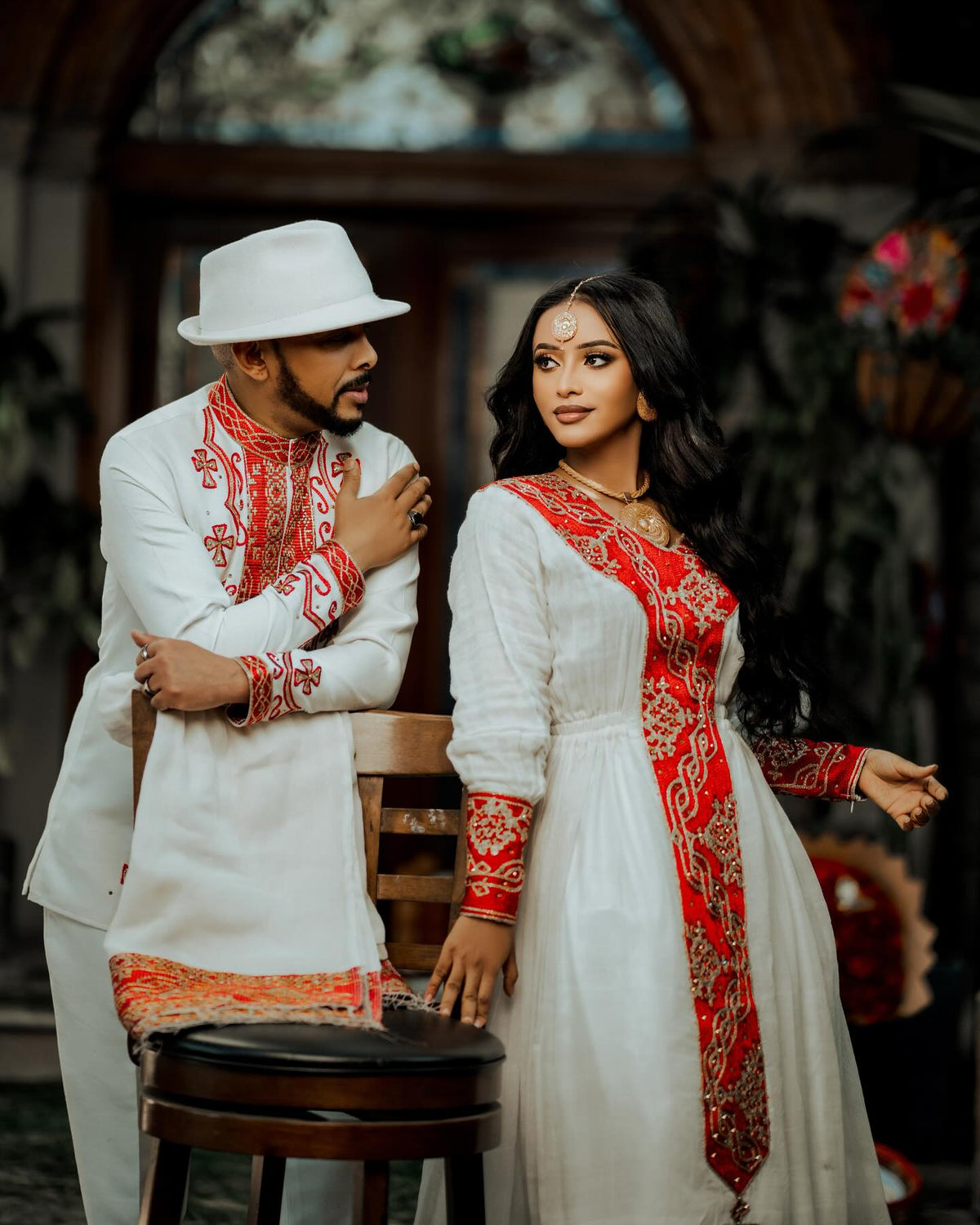 HIWI ETHIOPIAN TRADITIONAL COUPLE OUTFITS | RED AND GOLD EMBROIDERY COUPLE'S SET | MATCHING HABESHA DRESS AND MEN'S SHIRT FOR WEDDINGS