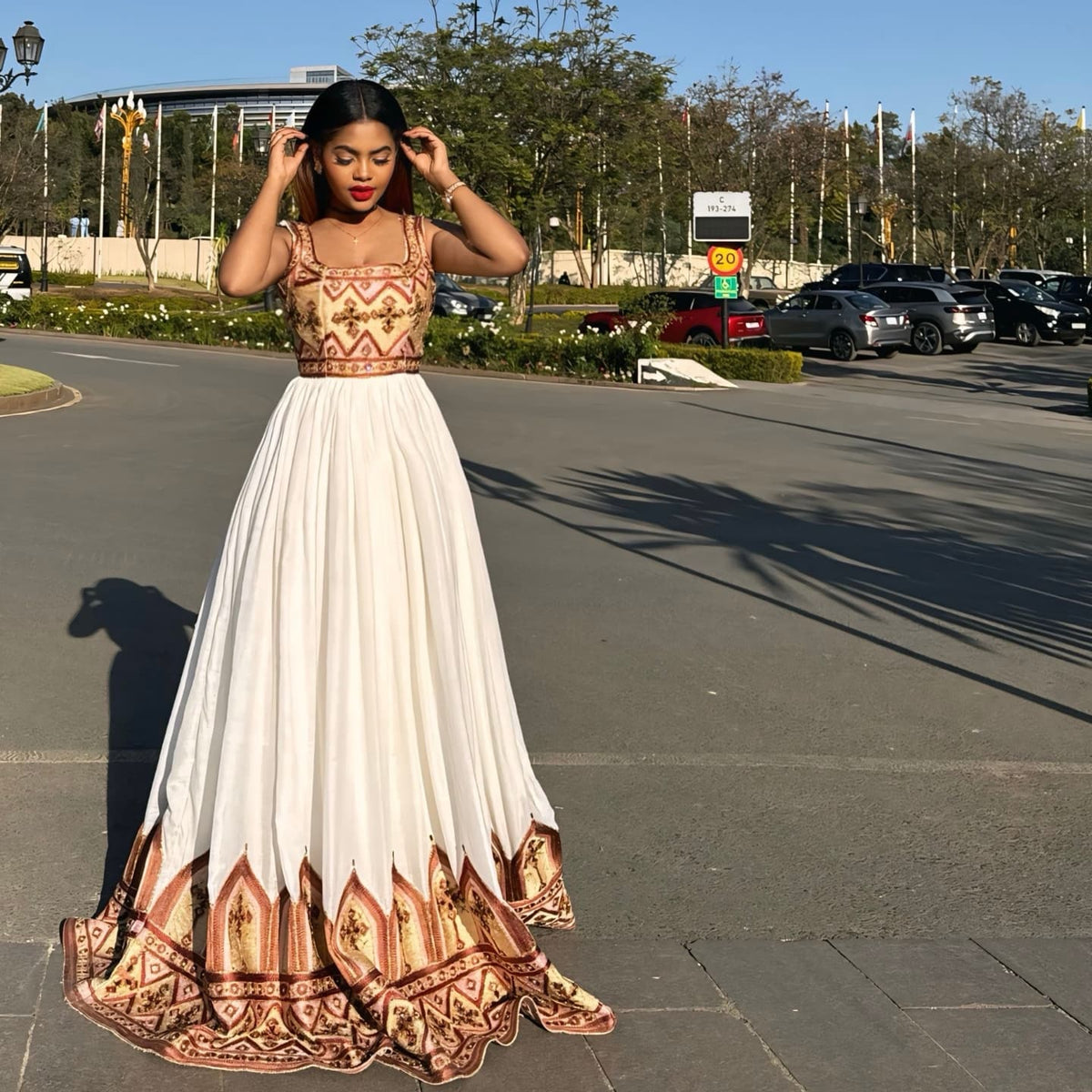 YIDU BRONZE AND GOLD TIBEB EMBROIDERY ETHIOPIAN DRESS | TRADITIONAL FLOOR-LENGTH HABESHA KEMIS | STUNNING HABESHA DRESS FOR EVENTS