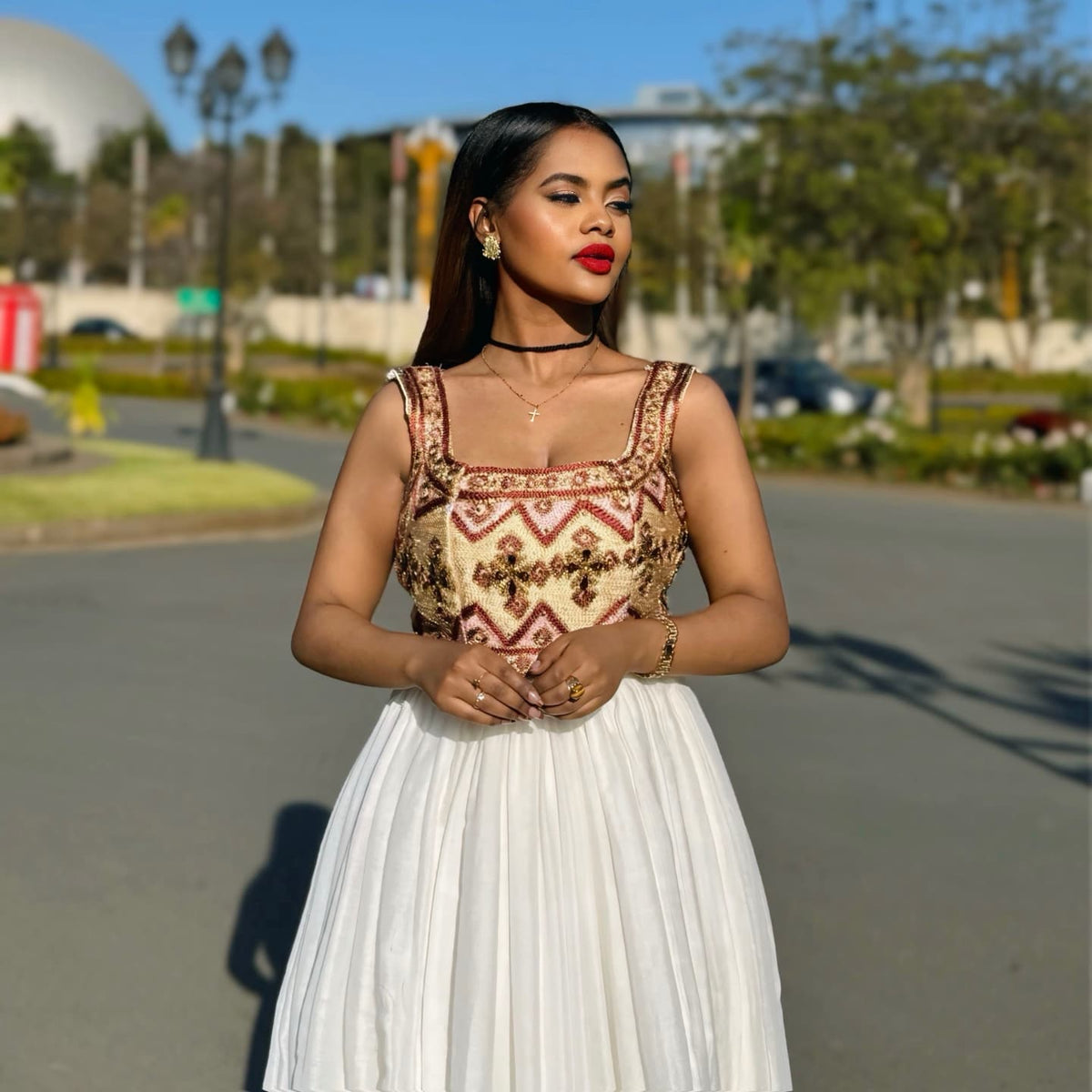 YIDU BRONZE AND GOLD TIBEB EMBROIDERY ETHIOPIAN DRESS | TRADITIONAL FLOOR-LENGTH HABESHA KEMIS | STUNNING HABESHA DRESS FOR EVENTS