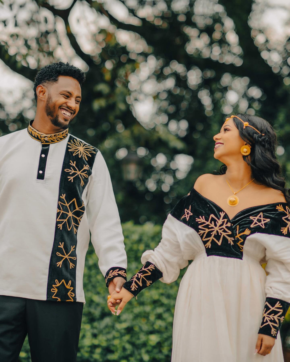 ASTU MATCHING ETHIOPIAN COUPLE'S OUTFIT | BLACK VELVET AND GOLD EMBROIDERY ETHIOPIAN CLOTHING | MODERN HABESHA COUPLE'S OUTFIT