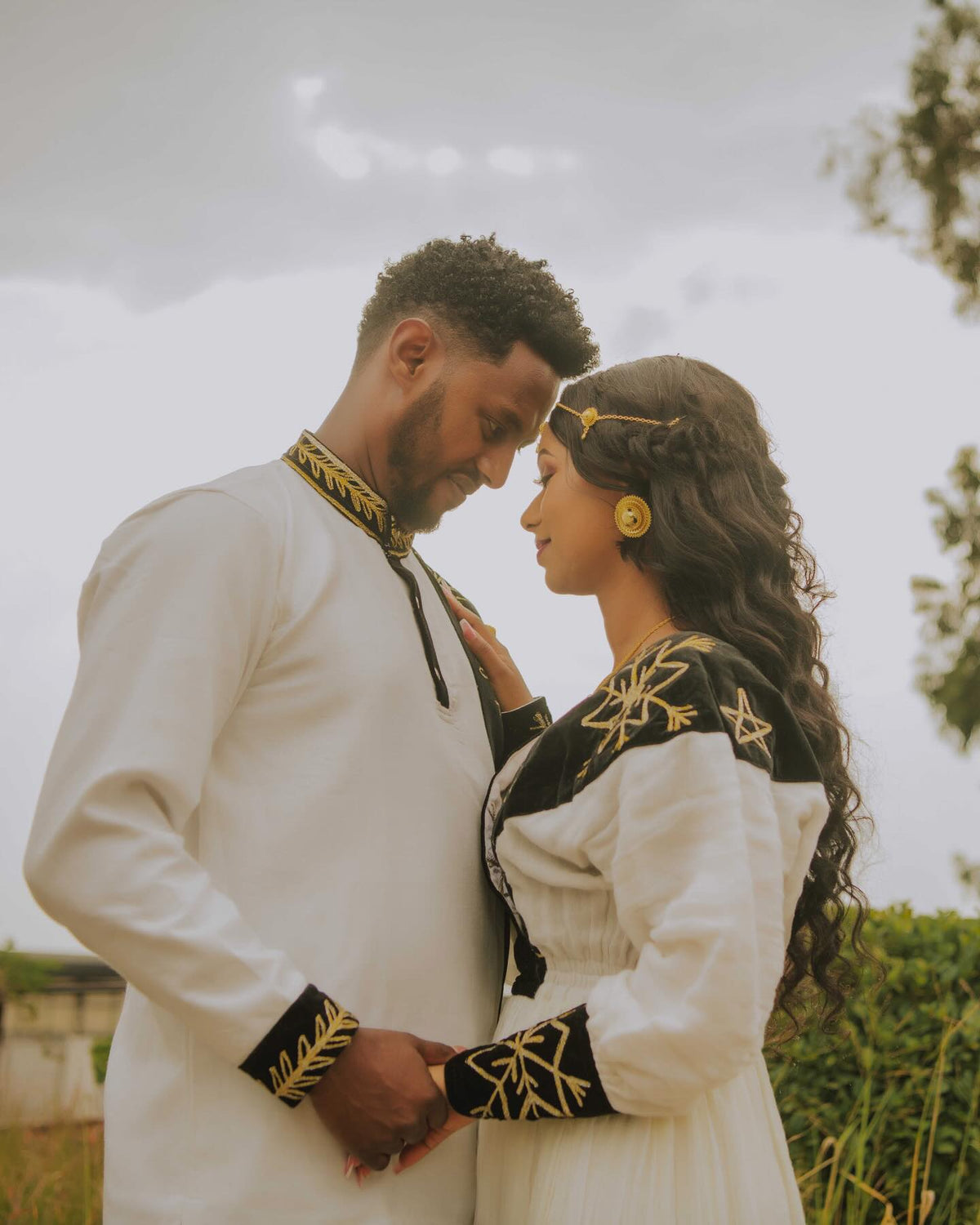 ASTU MATCHING ETHIOPIAN COUPLE'S OUTFIT | BLACK VELVET AND GOLD EMBROIDERY ETHIOPIAN CLOTHING | MODERN HABESHA COUPLE'S OUTFIT