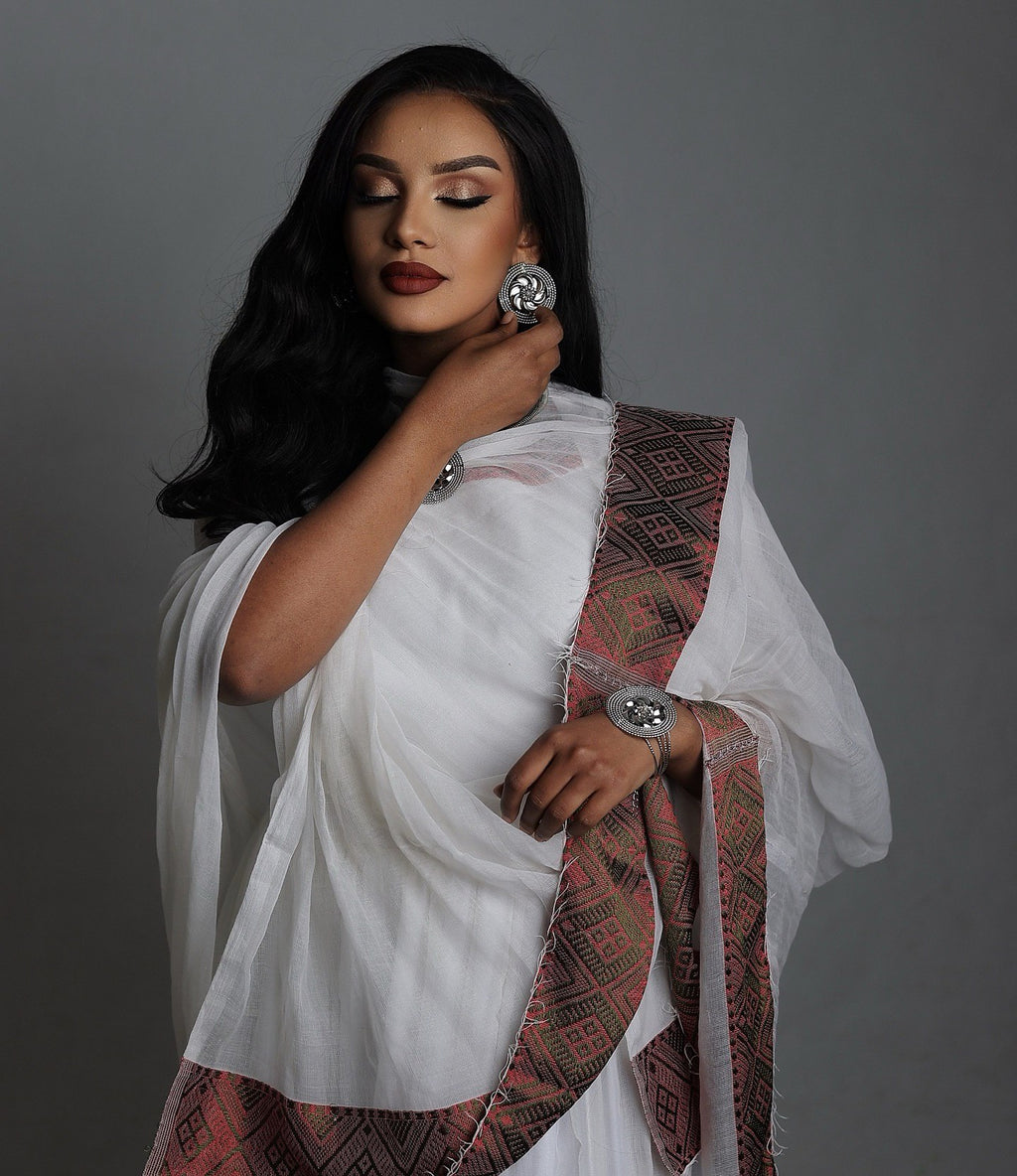 ELLU ETHIOPIAN CLOTHING | WHITE HABESHA KEMIS WITH TIBEB DETAILS | BROWN TIBEB PATTERN HABESHA DRESS FOR EVENTS