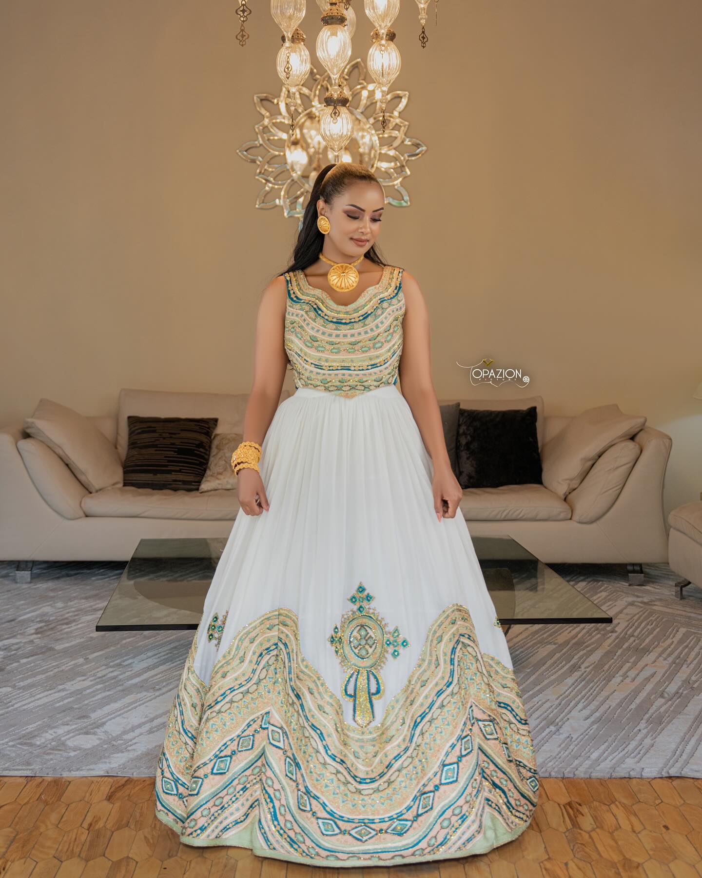 MEDHANIT SLEEVELESS HABESHA WEDDING DRESS | GOLD AND GREEN EMBROIDERY MODERN HABESHA KEMIS | STUNNING ETHIOPIAN CLOTHING FOR WEDDINGS