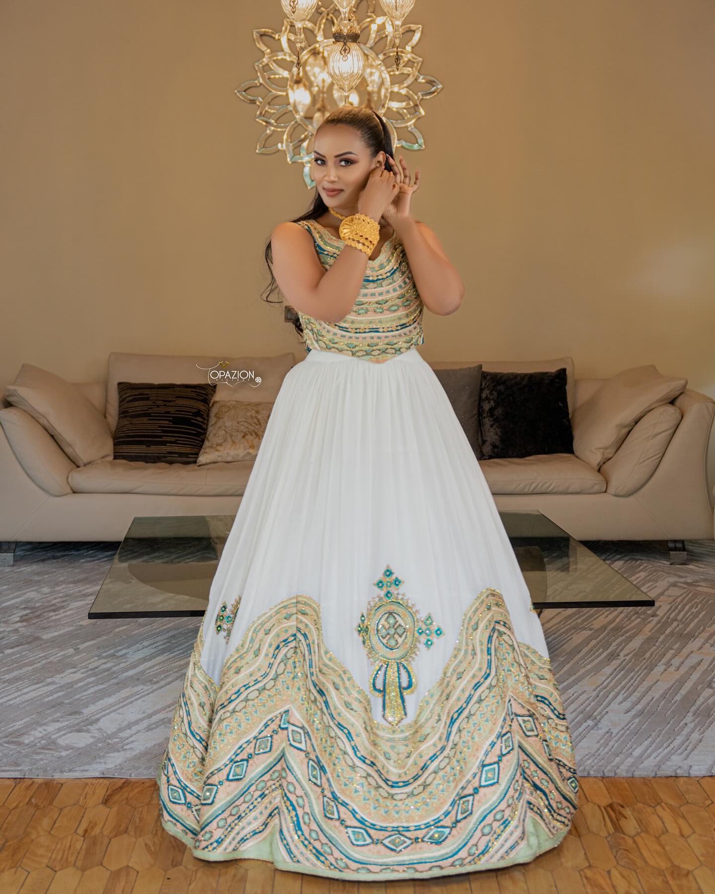 MEDHANIT SLEEVELESS HABESHA WEDDING DRESS | GOLD AND GREEN EMBROIDERY MODERN HABESHA KEMIS | STUNNING ETHIOPIAN CLOTHING FOR WEDDINGS