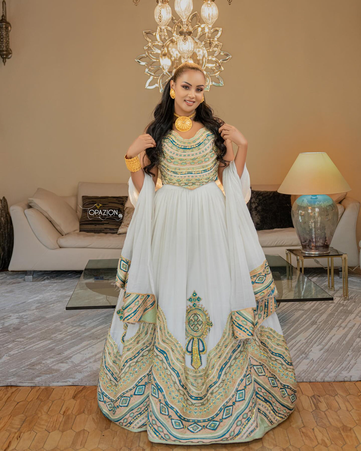 MEDHANIT SLEEVELESS HABESHA WEDDING DRESS | GOLD AND GREEN EMBROIDERY MODERN HABESHA KEMIS | STUNNING ETHIOPIAN CLOTHING FOR WEDDINGS