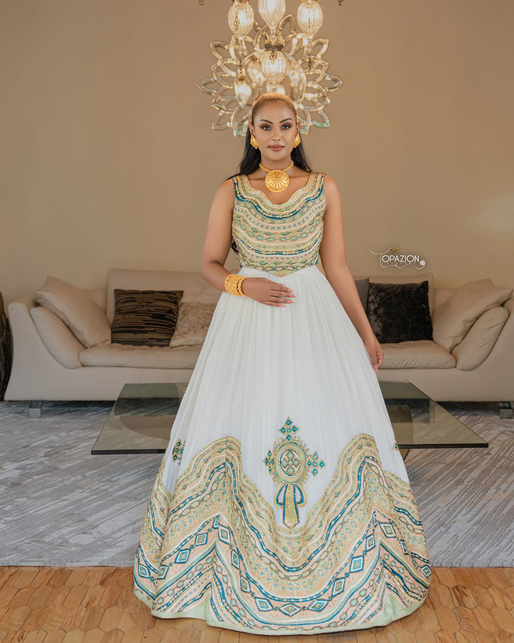 MEDHANIT SLEEVELESS HABESHA WEDDING DRESS | GOLD AND GREEN EMBROIDERY MODERN HABESHA KEMIS | STUNNING ETHIOPIAN CLOTHING FOR WEDDINGS