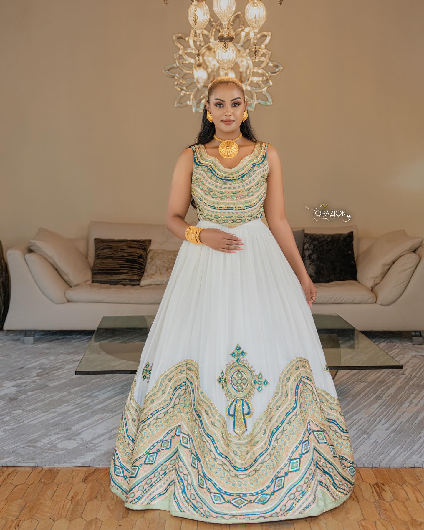 MEDHANIT SLEEVELESS HABESHA WEDDING DRESS | GOLD AND GREEN EMBROIDERY MODERN HABESHA KEMIS | STUNNING ETHIOPIAN CLOTHING FOR WEDDINGS