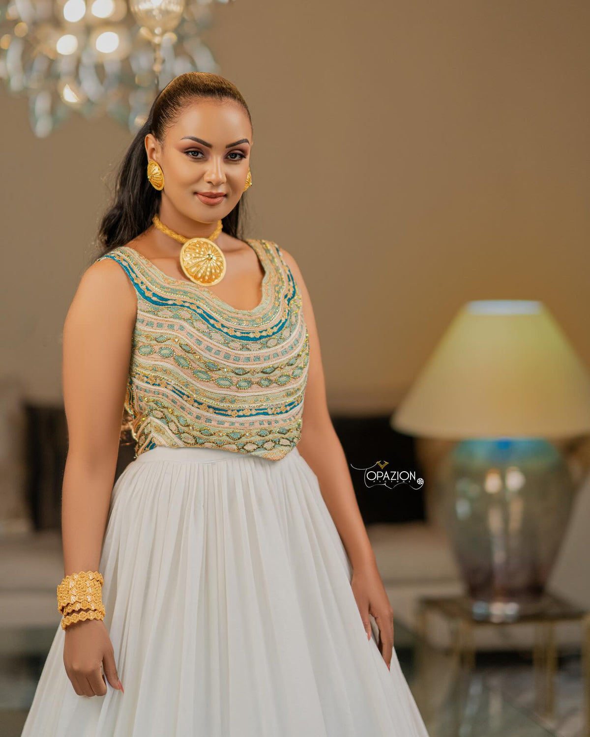MEDHANIT SLEEVELESS HABESHA WEDDING DRESS | GOLD AND GREEN EMBROIDERY MODERN HABESHA KEMIS | STUNNING ETHIOPIAN CLOTHING FOR WEDDINGS