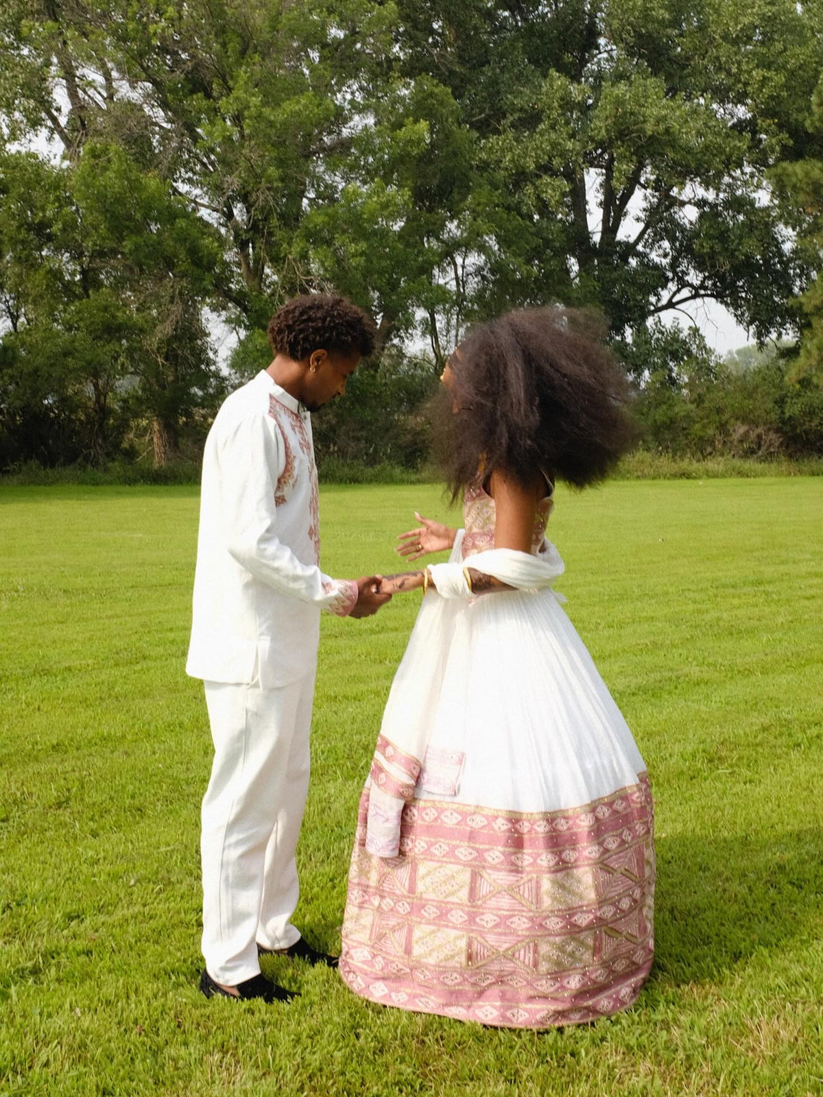 ADIYAM ETHIOPIAN COUPLE’S MATCHING HABESHA DRESS AND SUIT SET | TRADITIONAL ROSY-PINK TILET EMBROIDERY FOR WEDDINGS |CULTURAL COUPLE'S OUTFIT