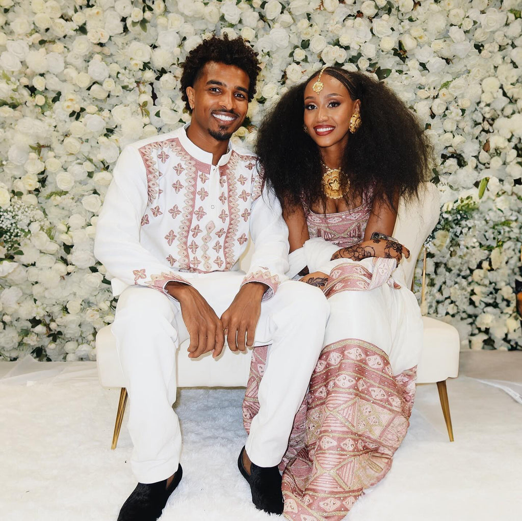 ADIYAM ETHIOPIAN COUPLE’S MATCHING HABESHA DRESS AND SUIT SET | TRADITIONAL ROSY-PINK TILET EMBROIDERY FOR WEDDINGS |CULTURAL COUPLE'S OUTFIT