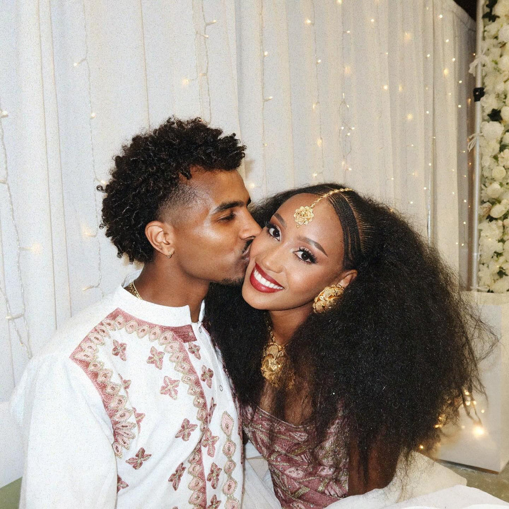ADIYAM ETHIOPIAN COUPLE’S MATCHING HABESHA DRESS AND SUIT SET | TRADITIONAL ROSY-PINK TILET EMBROIDERY FOR WEDDINGS |CULTURAL COUPLE'S OUTFIT