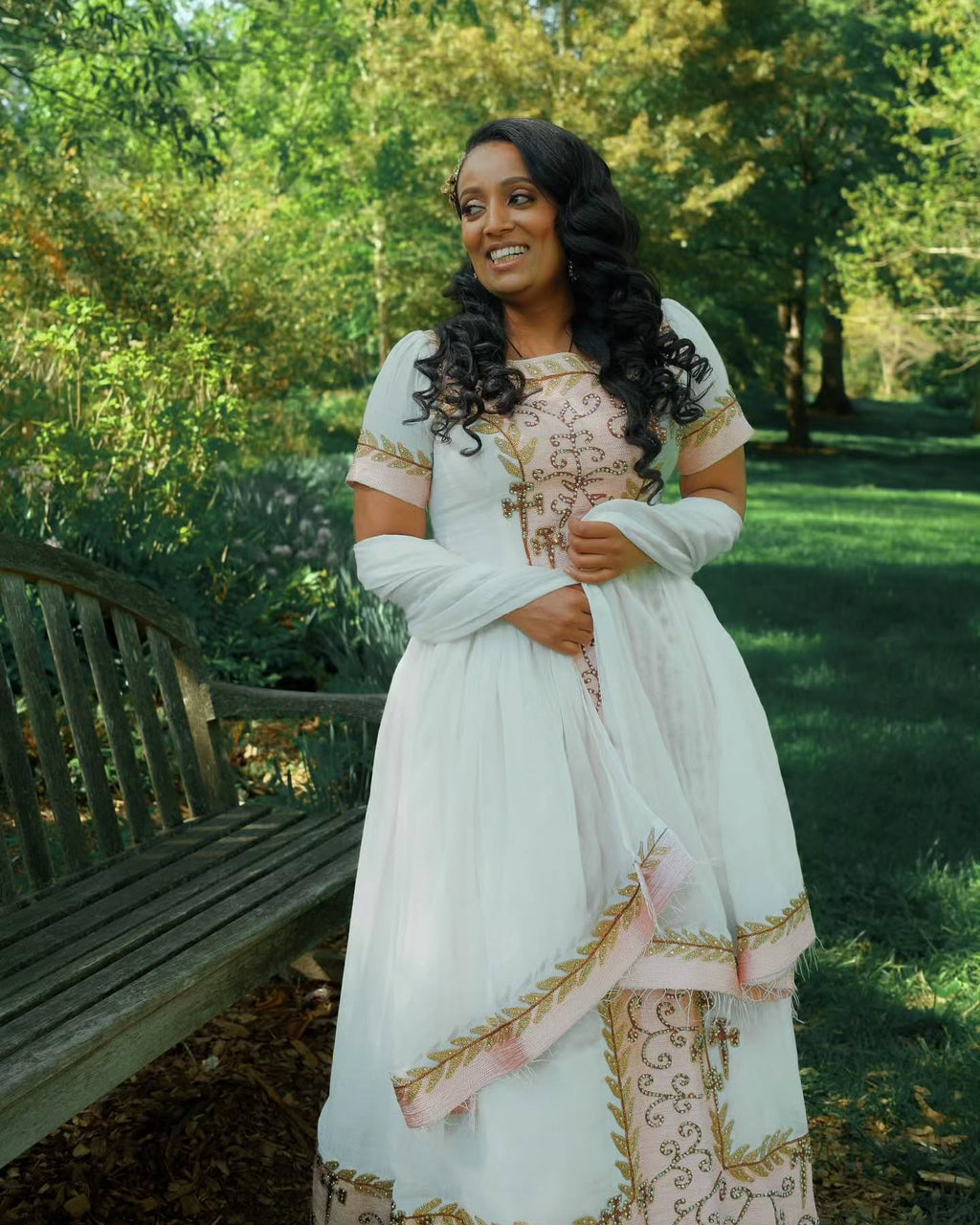 VERONICA ETHIOPIAN WEDDING COUPLE'S OUTFIT | WHITE HABESHA DRESS AND MEN’S SUIT | GOLD AND PINK EMBROIDERY HABESHA COUPLE'S OUTFIT