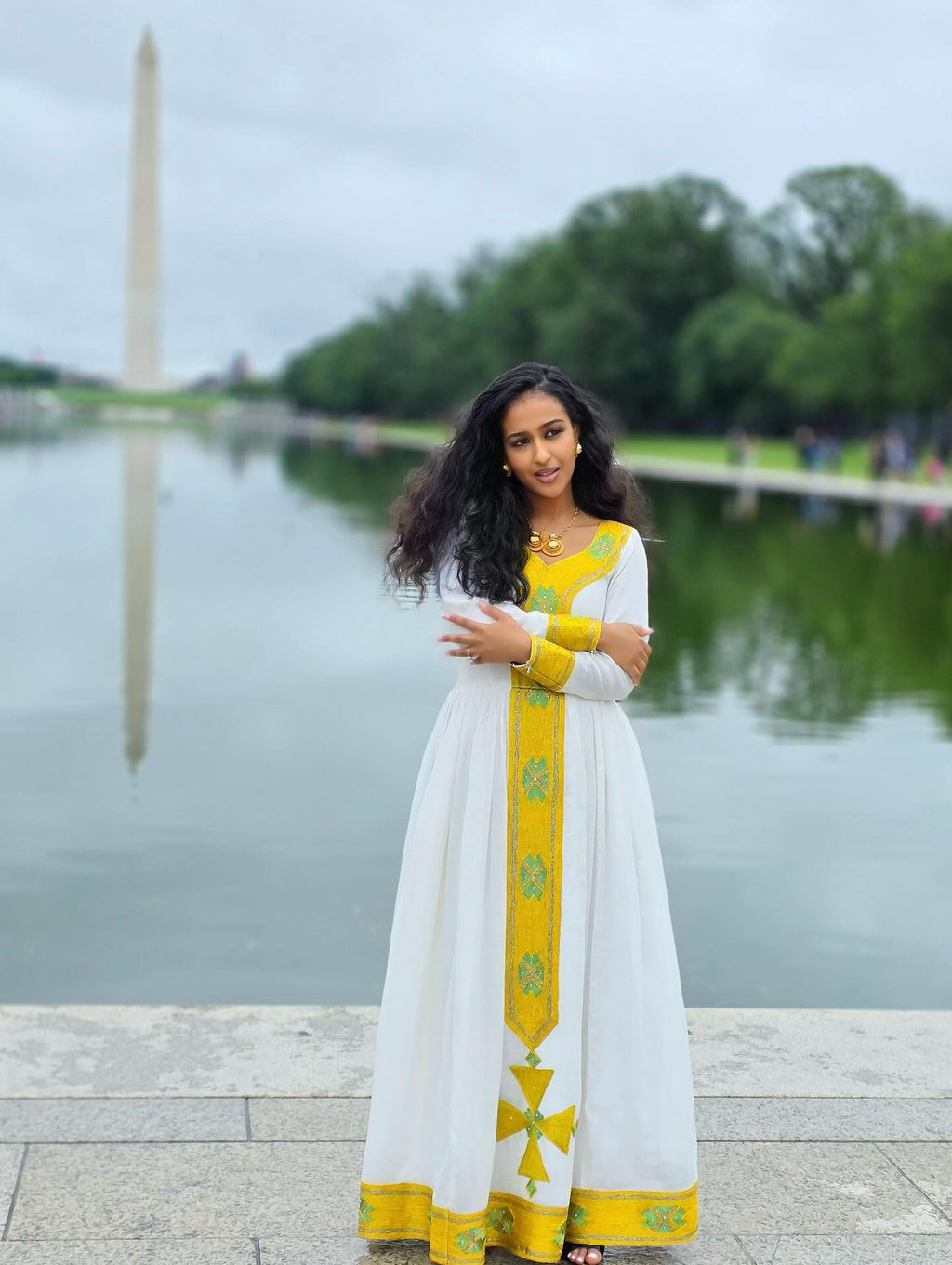 EMEBET HABESHA DRESS | TRADITIONAL  YELLOW AND GREEN EMBROIDERY HABESHA KEMIS | TIMELESS TRADITIONAL ETHIOPIAN CLOTHING