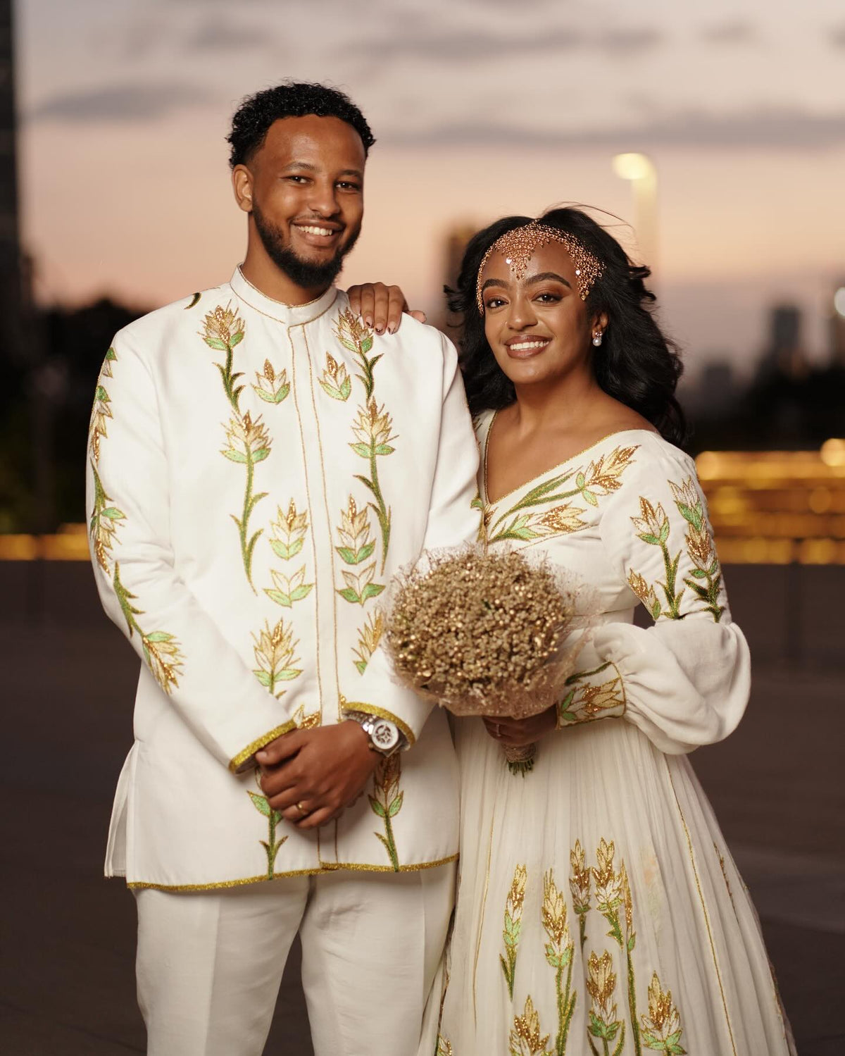 DANAWIT HABESHA COUPLE'S OUTFIT | GREEN & GOLD FLORAL EMBROIDERY COUPLE'S OUTFIT | ETHIOPIAN WEDDING SET