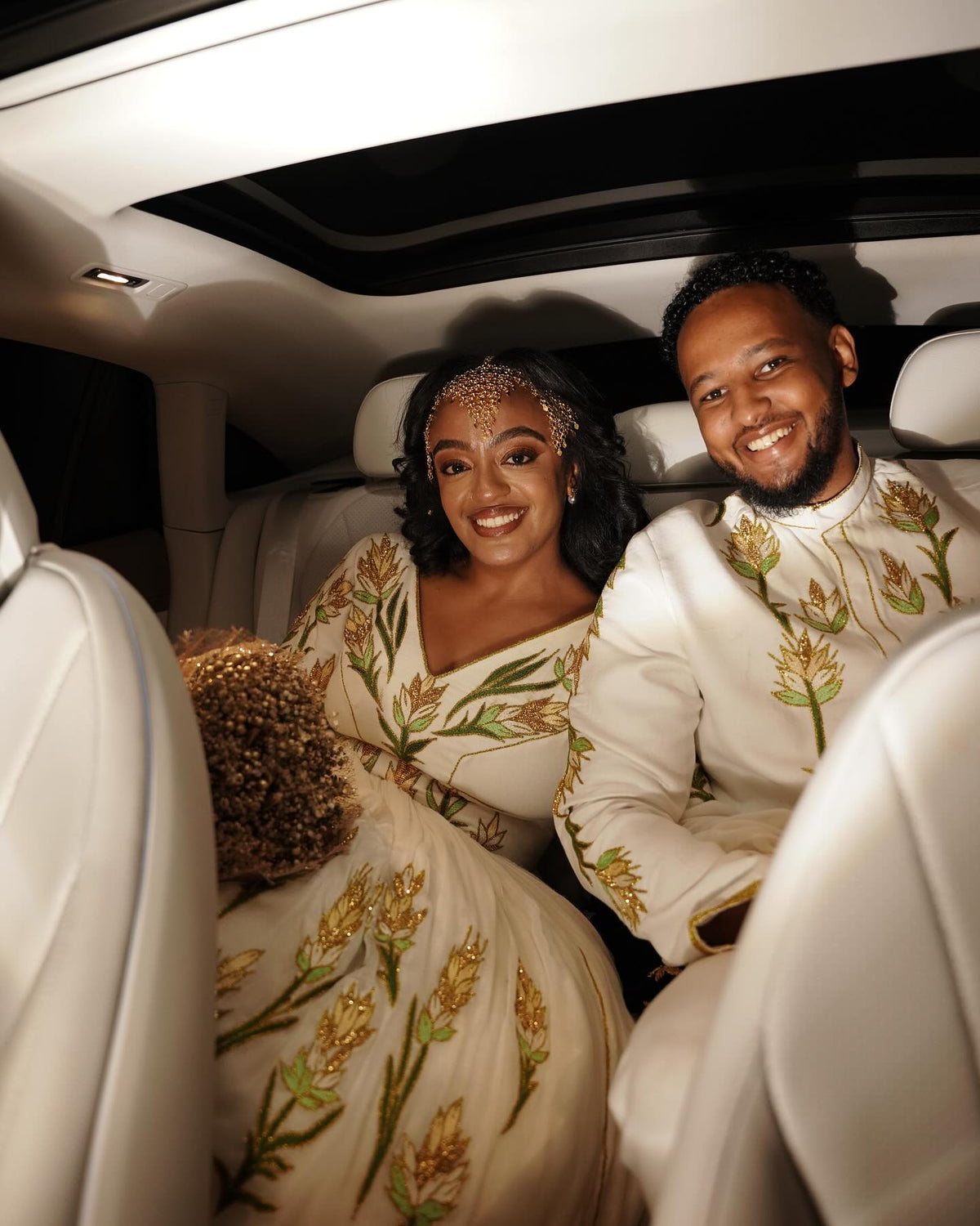 DANAWIT HABESHA COUPLE'S OUTFIT | GREEN & GOLD FLORAL EMBROIDERY COUPLE'S OUTFIT | ETHIOPIAN WEDDING SET