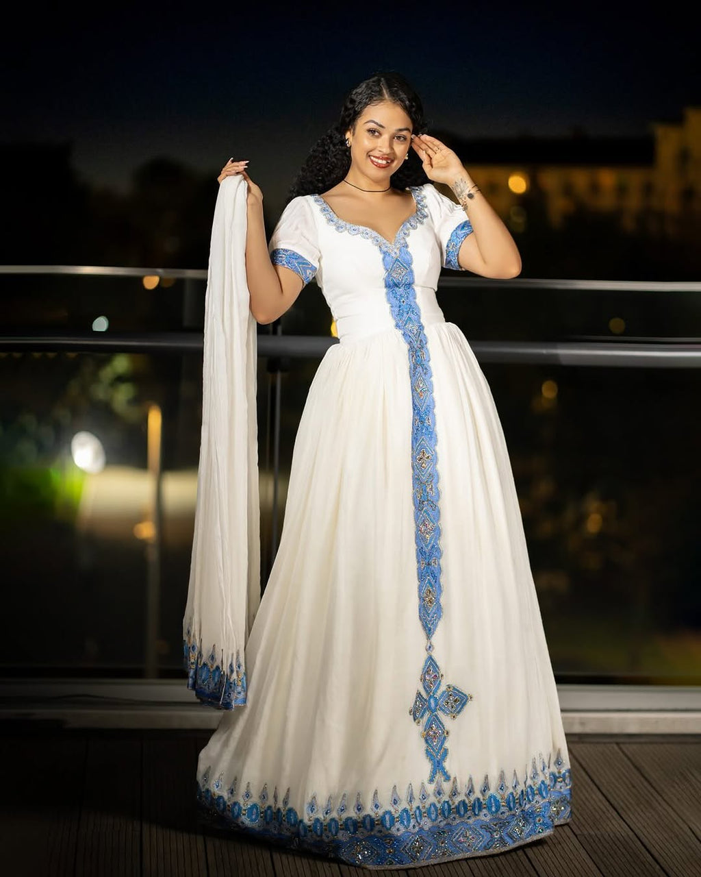 SELAMAWIT BLUE ETHIOPIAN DRESS | BEADED SHORT SLEEVE HABESHA DRESS | TRADITIONAL HABESHA KEMIS