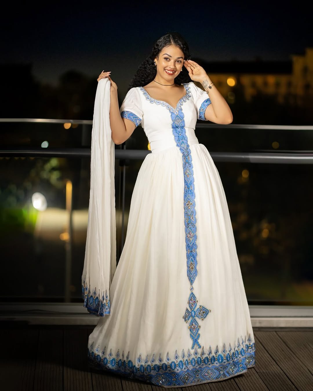 blue habesha dress Ethiopian US Medium Height Stacey Rhinestone Trim Slit Patrick-0507 Size:3X (22-24)