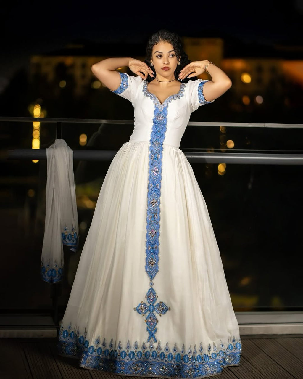 SELAMAWIT BLUE ETHIOPIAN DRESS | BEADED SHORT SLEEVE HABESHA DRESS | TRADITIONAL HABESHA KEMIS