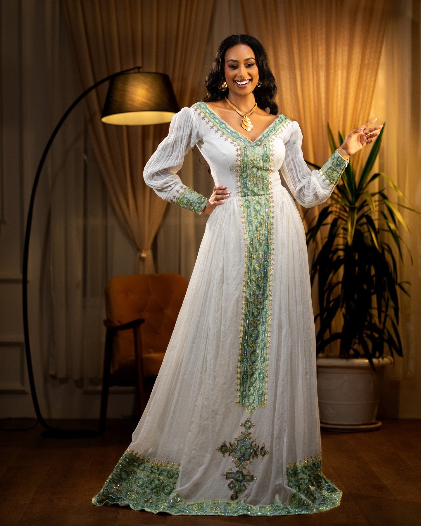 TIGIST GREEN & BLUE SHINY ETHIOPIAN DRESS | EMBROIDERED HABESHA DRESS | TRADITIONAL HABESHA KEMIS
