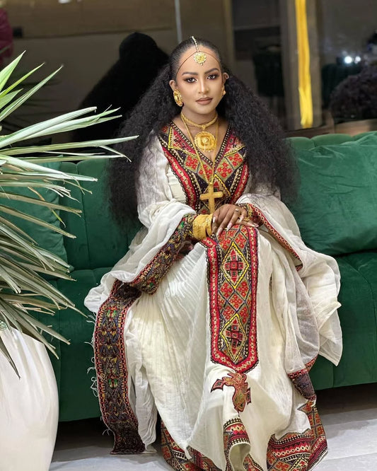 YETNAYET COLORFUL RED ETHIOPIAN DRESS