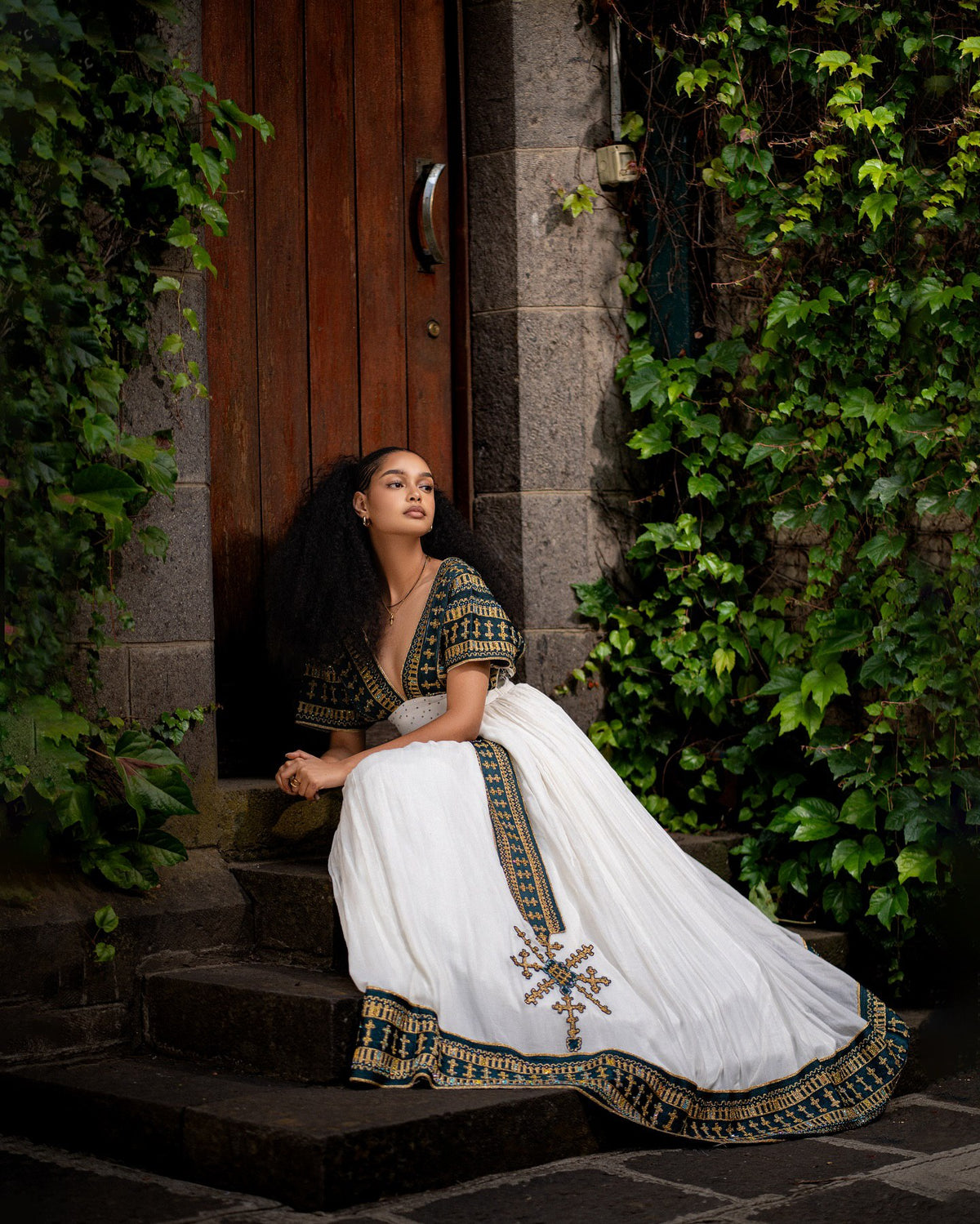 RUTH ETHIOPIAN HABESHA KEMIS | DEEP V-NECK & CROSS EMBROIDERY HABESHA DRESS | CULTURAL ETHIOPIAN CLOTH