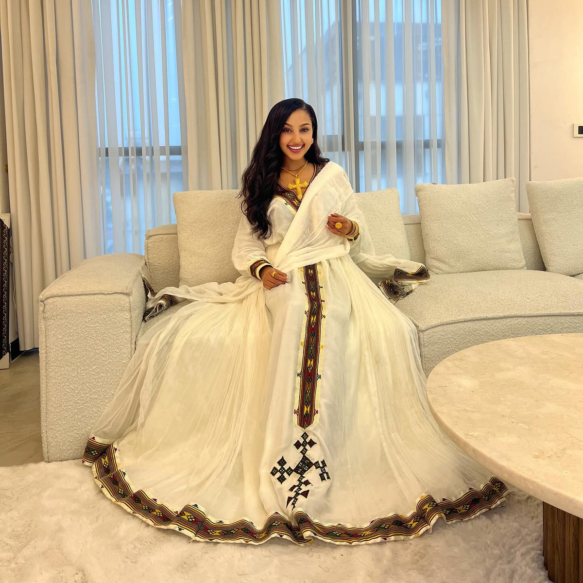 NAFKOT CULTURAL HABESHA KEMIS | WHITE ETHIOPIAN DRESS WITH CROSS & TIBEB DETAILS | GRACEFUL HABESHA DRESS FOR SPECIAL OCCASIONS