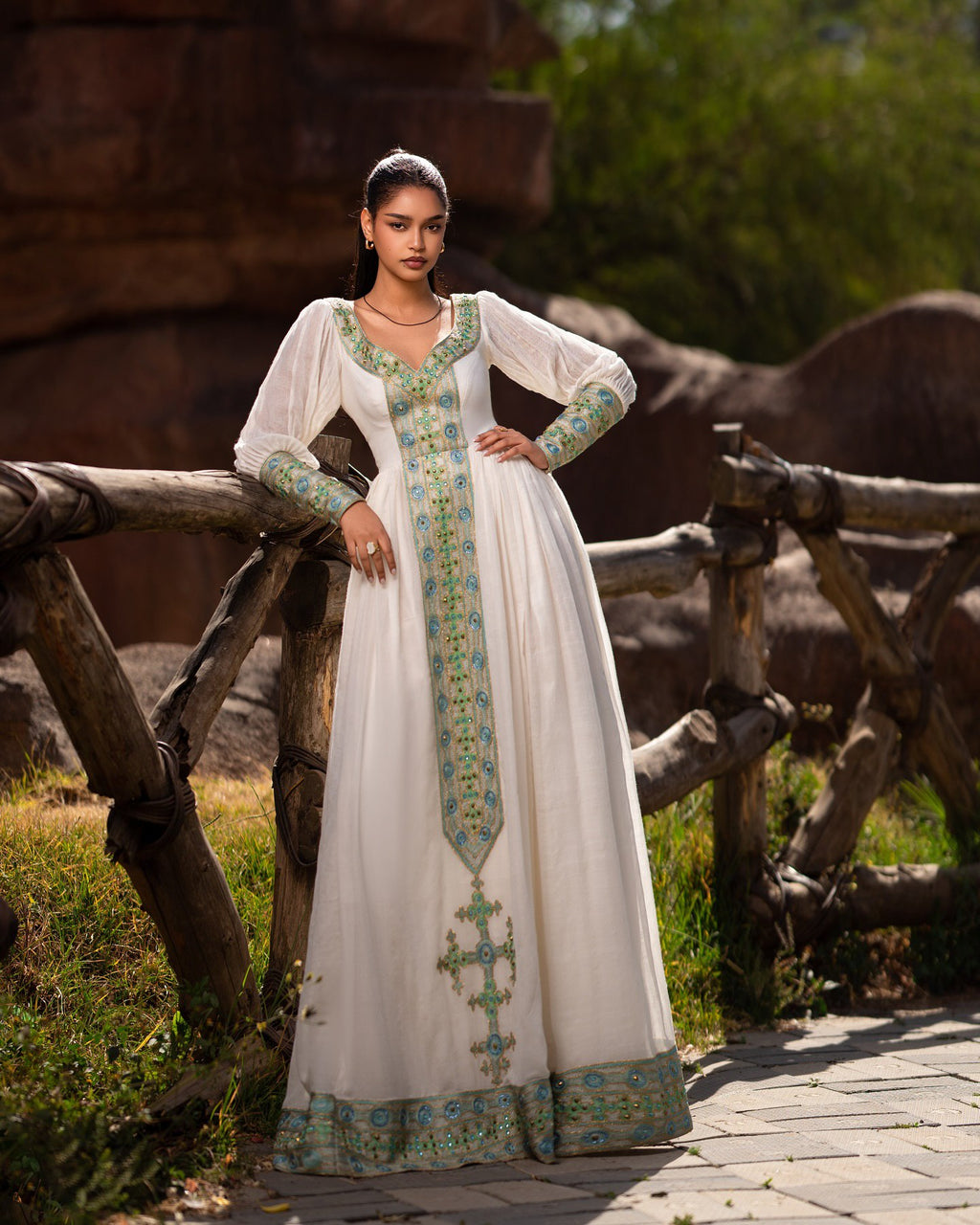 ROMAN ROYAL TRADITIONAL HABESHA KEMIS | TURQUOISE & GOLD EMBROIDERED CROSS DESIGN HABESHA DRESS | STUNNING ETHIOPIAN CLOTH