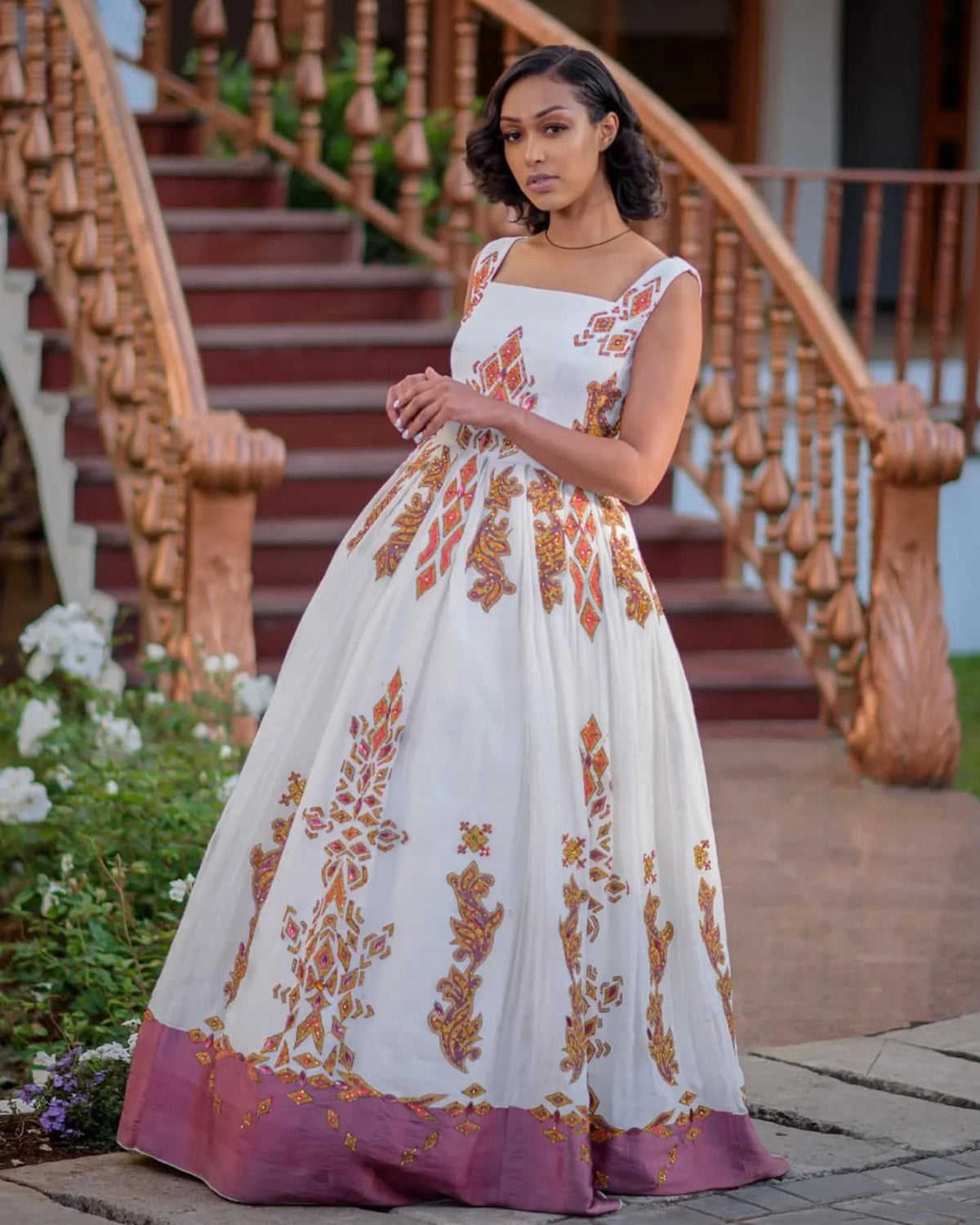 ABIGAIL GOLD EMBROIDERED ETHIOPIAN CLOTH | SLEEVELESS DRESS WITH SATIN FINISH HABESHA KEMIS | STUNNING HABESHA DRESS FOR WEDDING