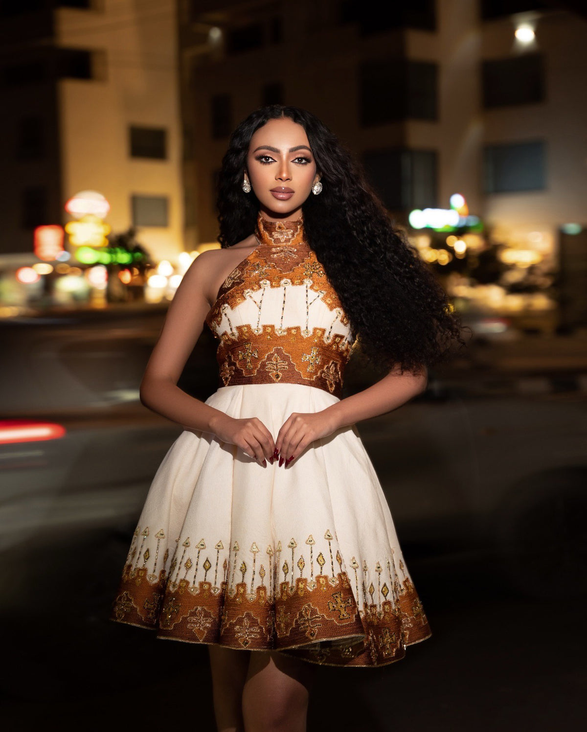 TSEDEY ETHIOPIAN HABESHA DRESS | MODERN TRADITIONAL TIBEB DESIGN HABESHA KEMIS | GOLDEN-BROWN ETHIOPIAN CLOTH