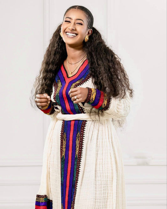 TIRHAS MULTICOLOR TIBEB EMBROIDERY ETHIOPIAN WEAR | REGAL ETHIOPIAN HABESHA KEMIS | SOFT COTTON HABESHA DRESS