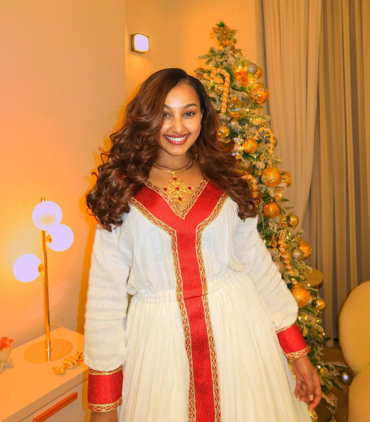 FIKIRTE CLASSIC HABESHA KEMIS WITH RED AND GOLD TIBEB | CROSS EMBROIDERY HABESHA DRESS | SOFT SHEMMA FABRIC ETHIOPIAN WEAR