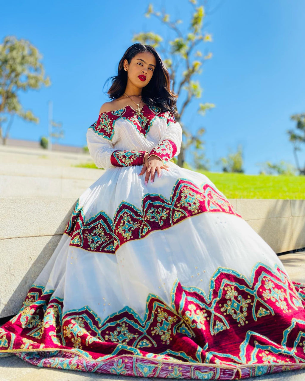 FREWEYNI OFF-SHOULDER ETHIOPIAN HABESHA KEMIS | TURQUOISE AND BURGUNDY TIBEB HABESHA DRESS | ROYAL ETHIOPIAN CLOTHING FOR WEDDING
