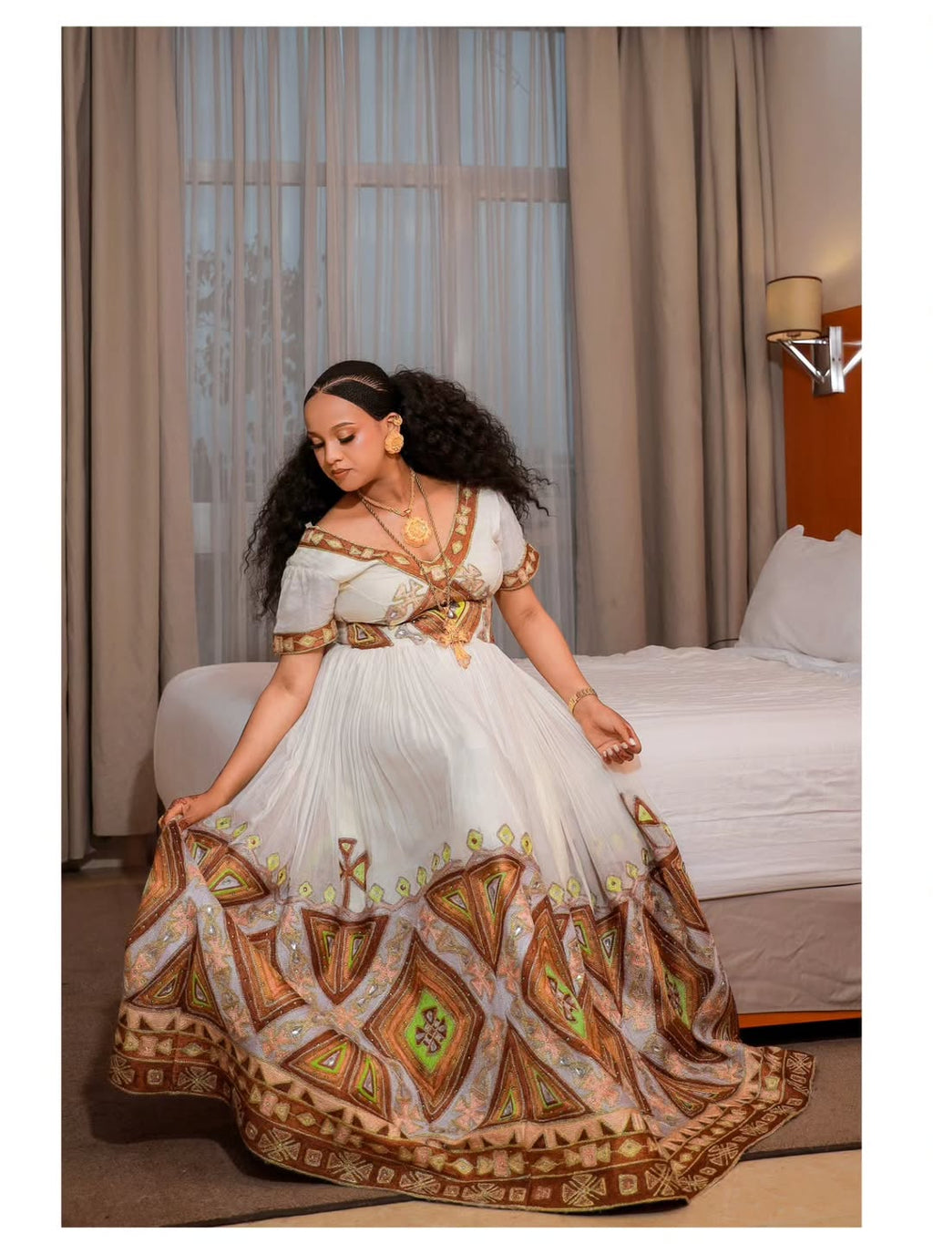 SEGENET TRADITIONAL ETHIOPIAN HABESHA KEMIS | BRONZE AND GREEN DIAMOND EMBROIDERY HABESHA DRESS | STUNNING ETHIOPIAN WEDDING DRESS