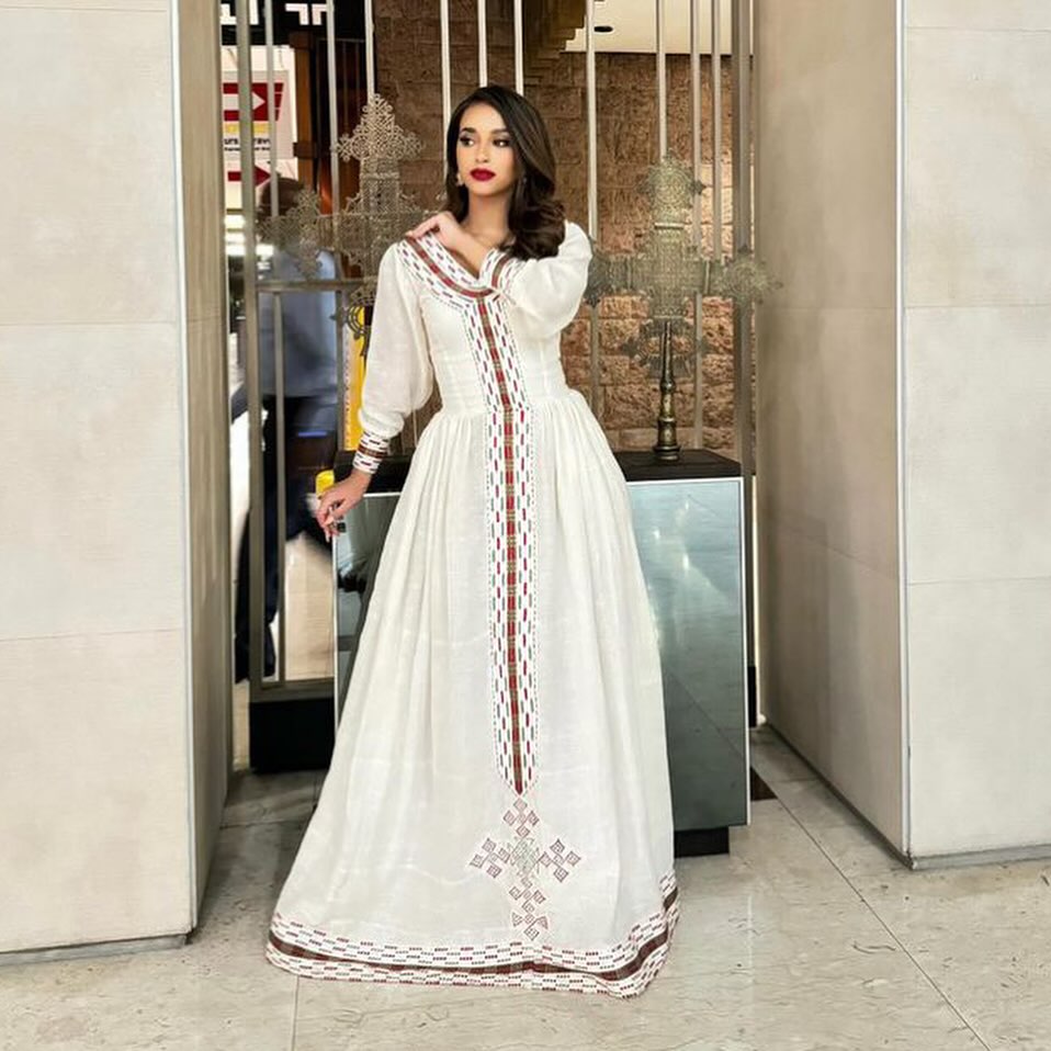 LUALAWIT HABESHA TRADITIONAL DRESS | ETHIOPIAN HABESHA KEMIS FOR FESTIVE | RED AND WHITE EMBROIDERY HABESHA DRESS