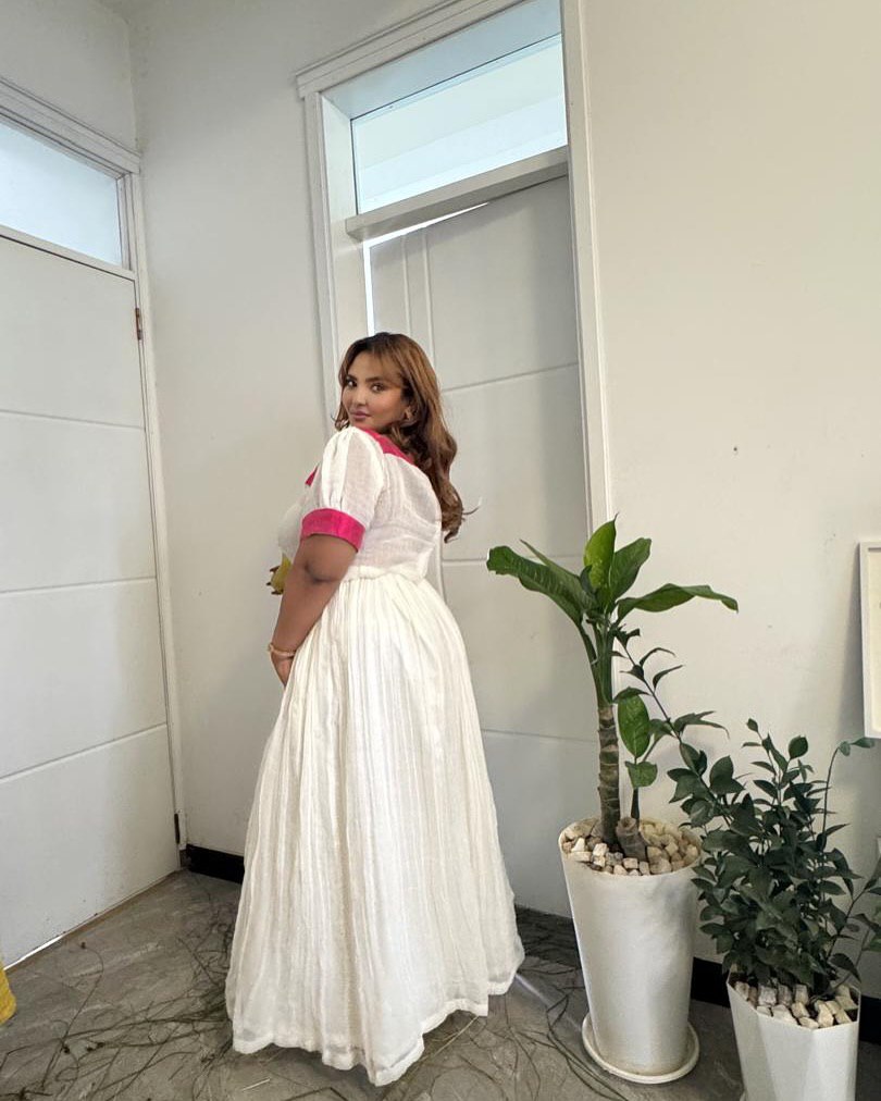 LELI CLASSIC HABESHA TRADITIONAL DRESS | RED ACCENTED HABESHA DRESS | PUFF SLEEVE HABESHA KEMIS