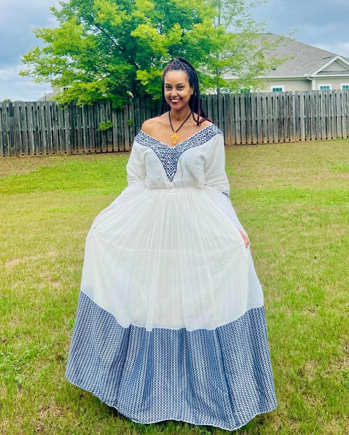 MELKAMNESH OFF-SHOULDER HABESHA DRESS | ETHIOPIAN TRADITIONAL HABESHA KEMIS | NAVY-BLUE PATTERN ETHIOPIAN CLOTHING