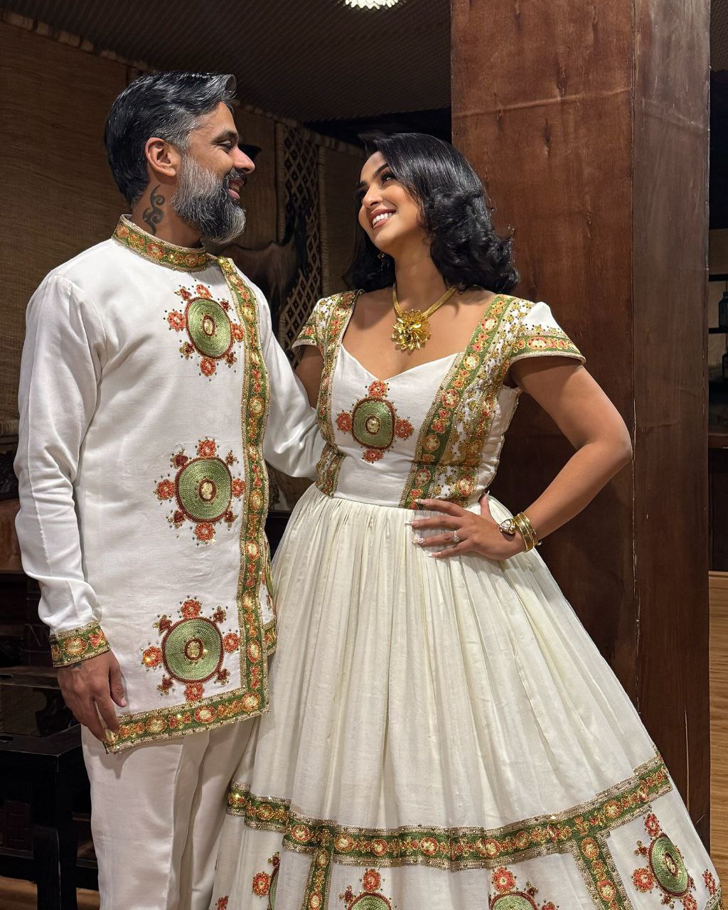 NANCY MATCHING HABESHA COUPLE OUTFIT | ETHIOPIAN TRADITIONAL CLOTHING SET | ROYAL HABESHA CLOTH COUPLE OUTFIT
