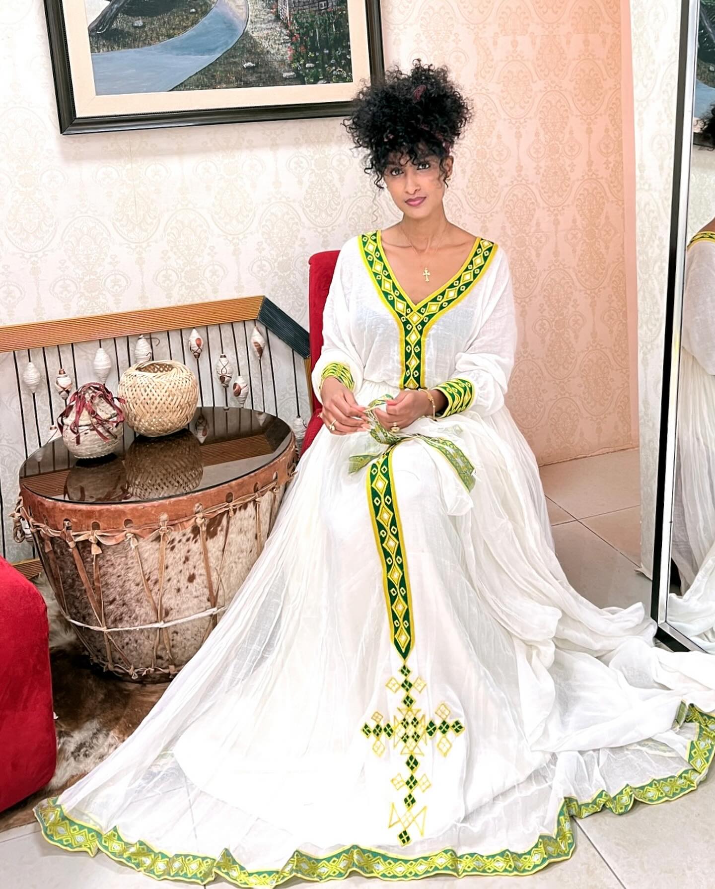 SEBLEWENGEL TRADITIONAL HABESHA DRESS | GREEN EMBROIDERED ETHIOPIAN & ERITREAN HABESHA KEMIS | HANDWOVEN ETHIOPIAN CLOTHING