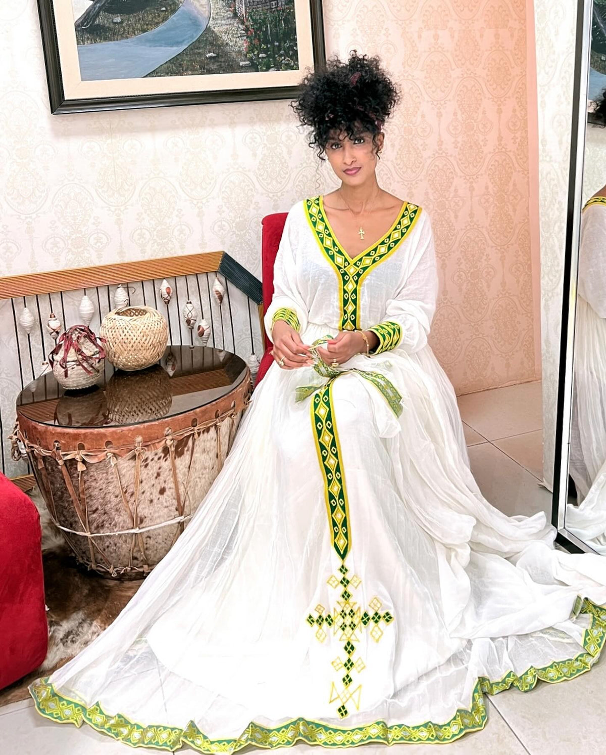 SEBLEWENGEL TRADITIONAL HABESHA DRESS | GREEN EMBROIDERED ETHIOPIAN & ERITREAN HABESHA KEMIS | HANDWOVEN ETHIOPIAN CLOTHING