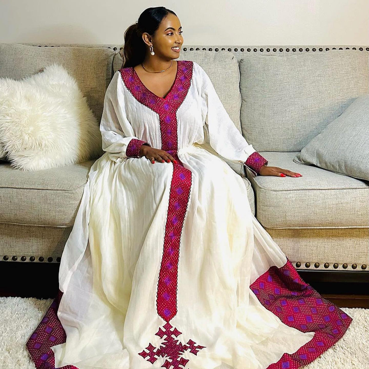 MARSILAS STUNNING PINK EMBROIDERED HABESHA DRESS | TRADITIONAL ETHIOPIAN HANDWOVEN HABESHA KEMIS | CLASSIC ETHIOPIAN CLOTHING