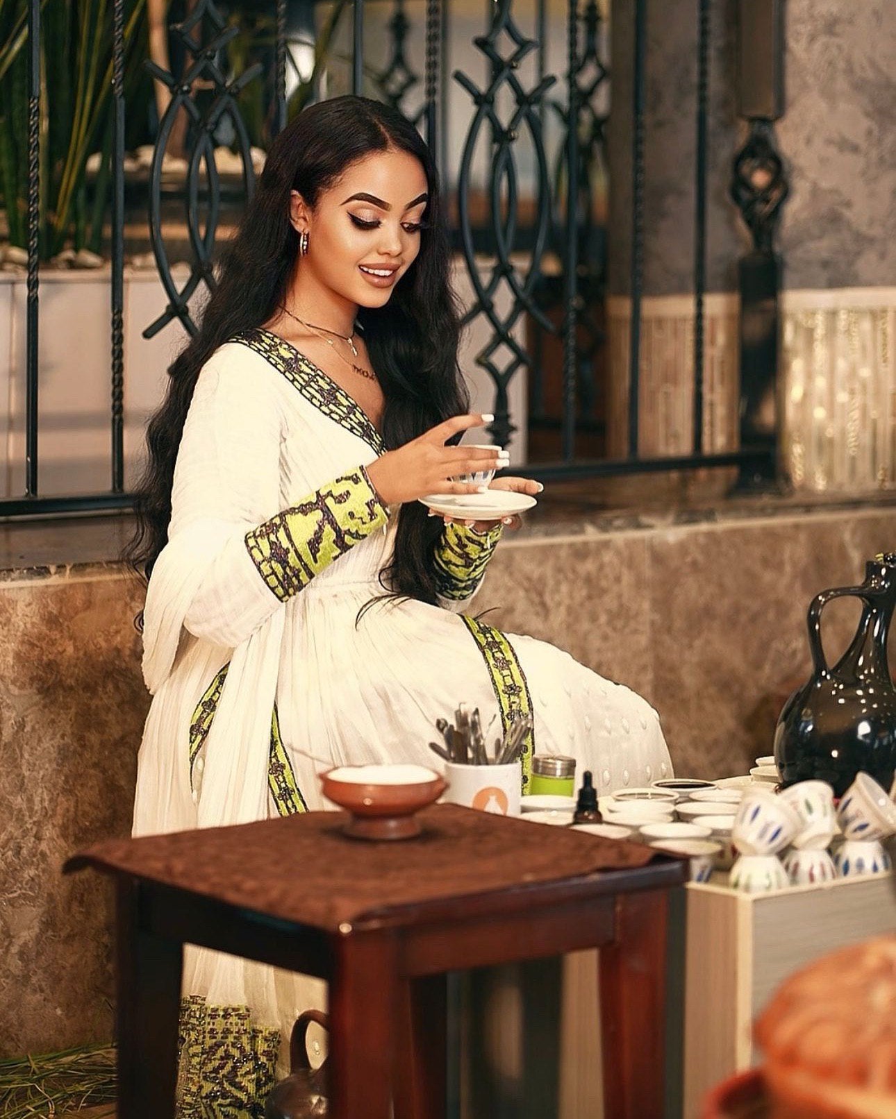 KONJIT ELEGANT ETHIOPIAN TRADITIONAL DRESS | HABESHA DRESS FOR SPECIAL CELEBRATIONS | GREEN AND GOLD PATTERN HABESHA KEMIS |
