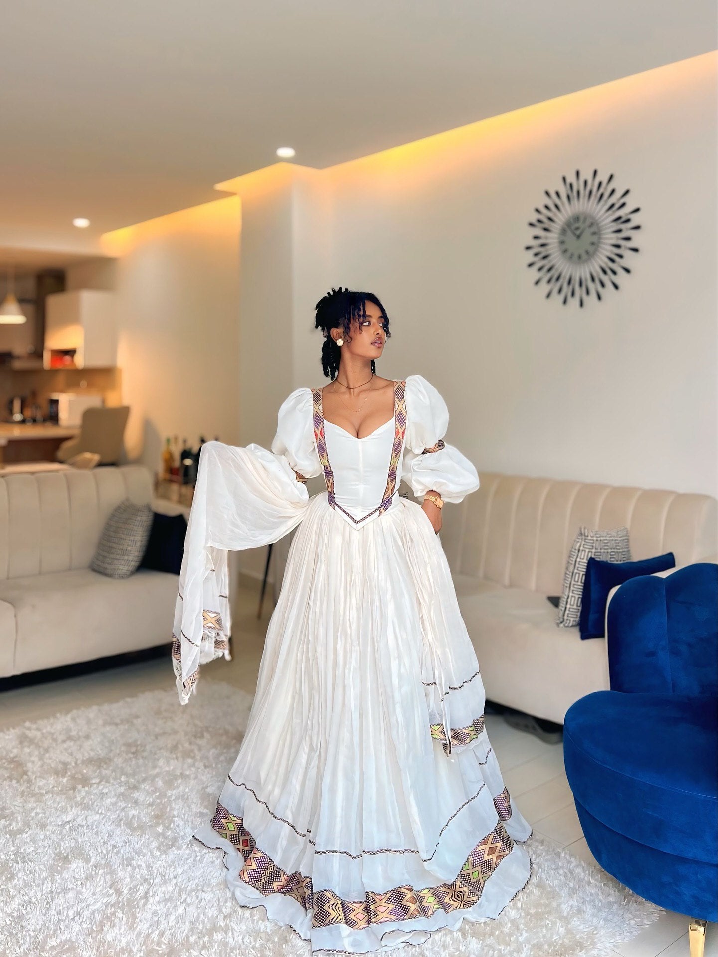 ADANECH ETHIOPIAN TRADITIONAL DRESS | COLORFUL WOVEN BORDERS HABESHA DRESS | PUFFED SLEEVES HABESHA KEMIS