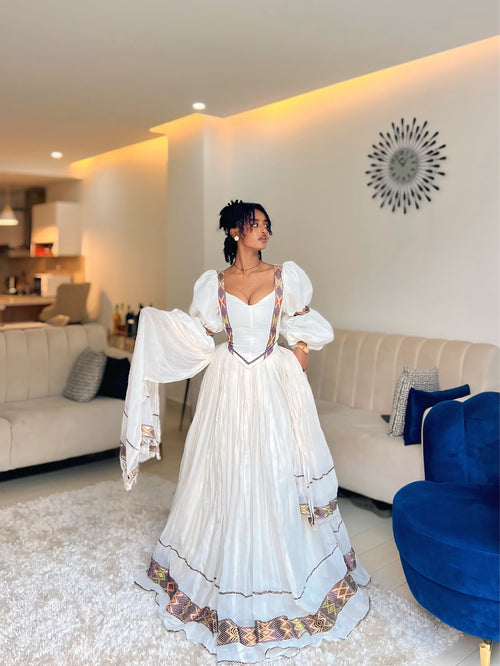 ADANECH ETHIOPIAN TRADITIONAL DRESS | COLORFUL WOVEN BORDERS HABESHA DRESS | PUFFED SLEEVES HABESHA KEMIS