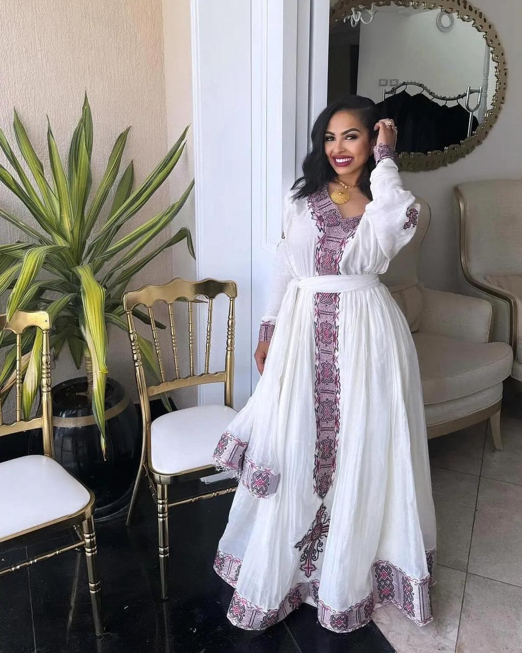habesha dress ATSNAF OFF-SHOULDER CLOTH Flowing Silhouette groomsmen Color:Dusty Blue Crepe / Dusty Blue Chiffon Miria ORGANIC COTTON STRAPPY